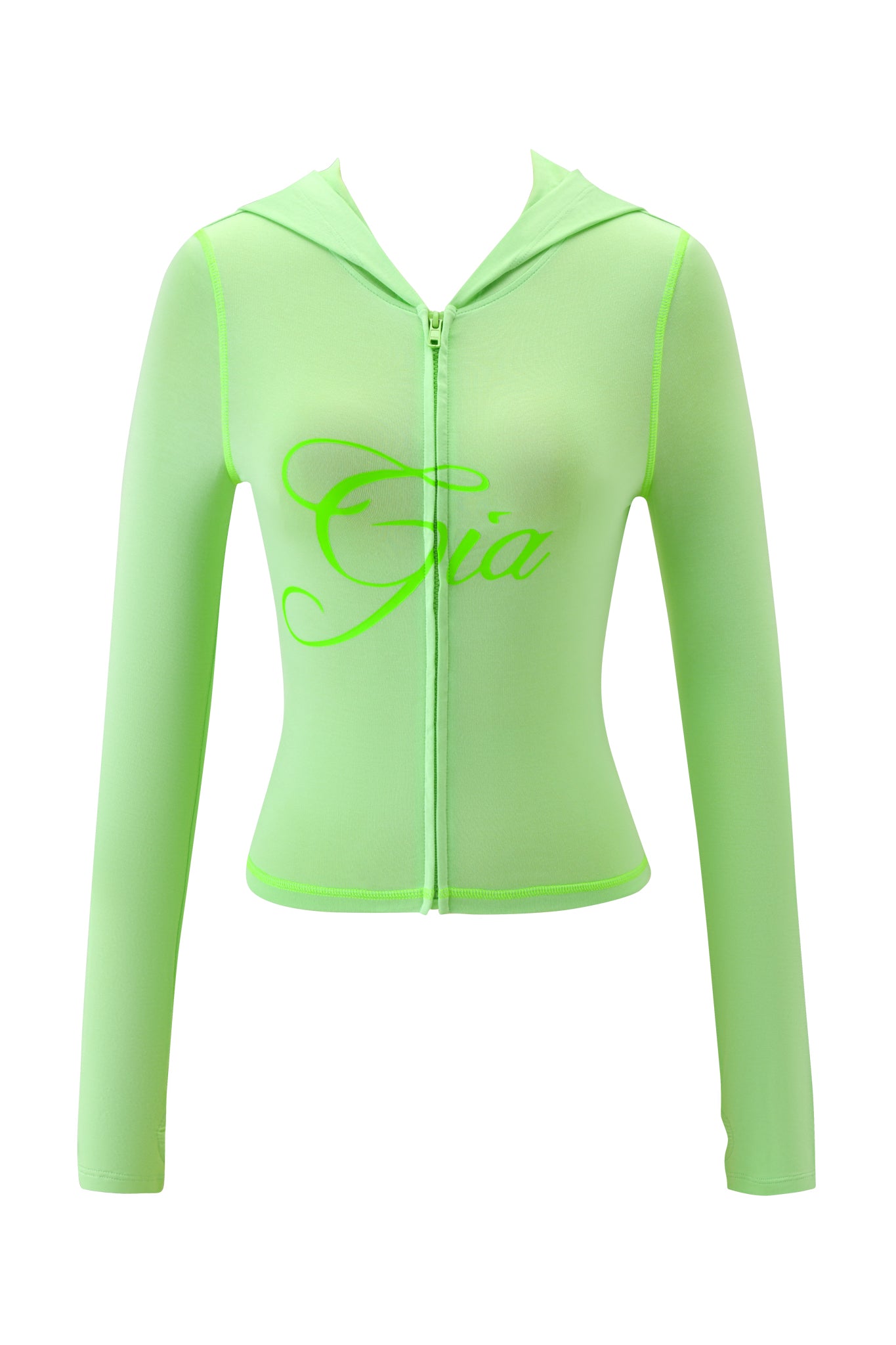The BLARE HOODIE - NEON GREEN by I.AM.GIA is a sheer, neon green mesh zip-up with long sleeves and a bold, large cursive I.AM.GIA logo across the chest.
