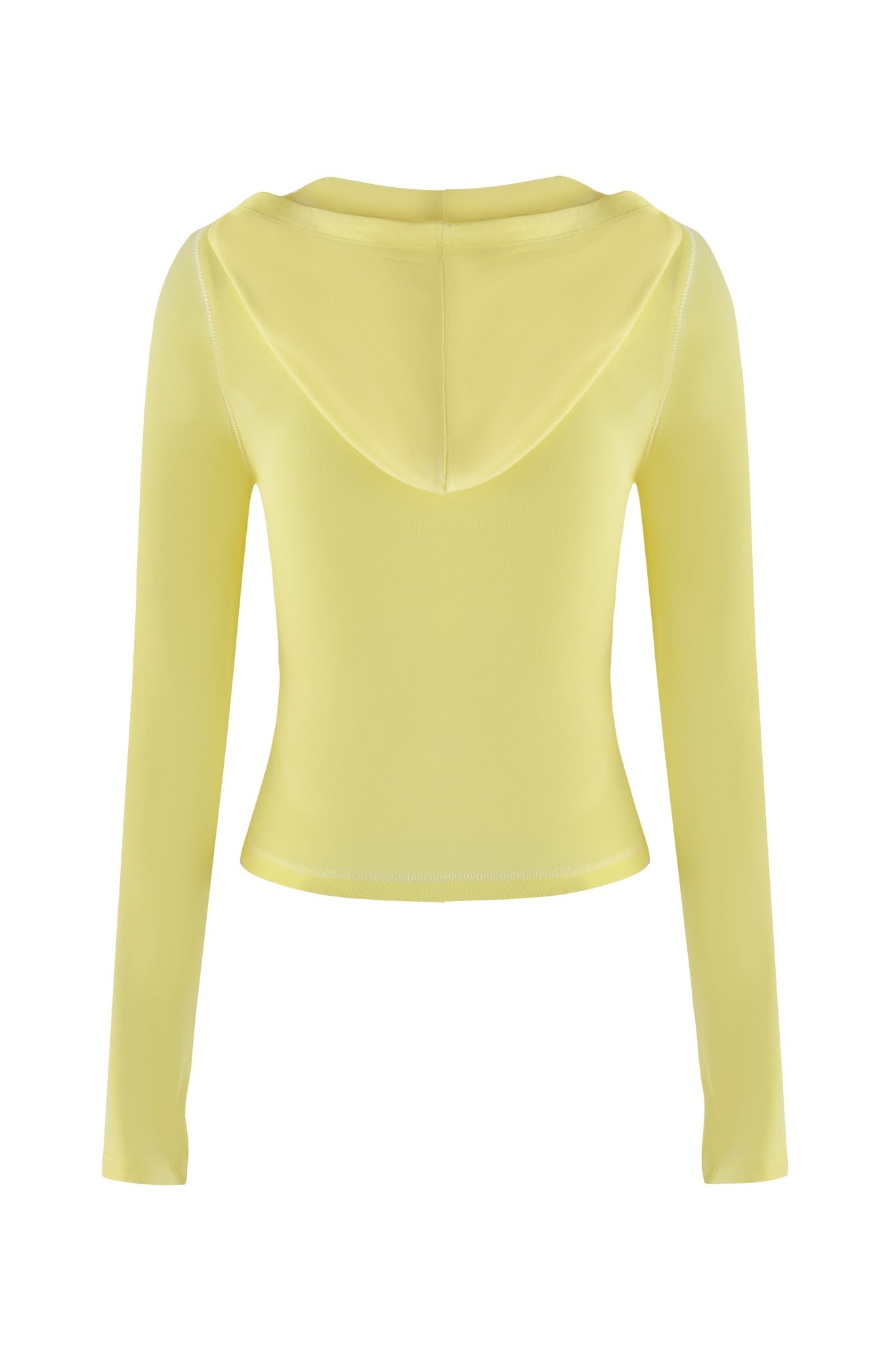The I.AM.GIA BLARE HOODIE in pale yellow is a long-sleeved, bodycon crop top designed from sustainable bamboo fabric, hugging your frame perfectly. It features a hood and is showcased against a plain white background.