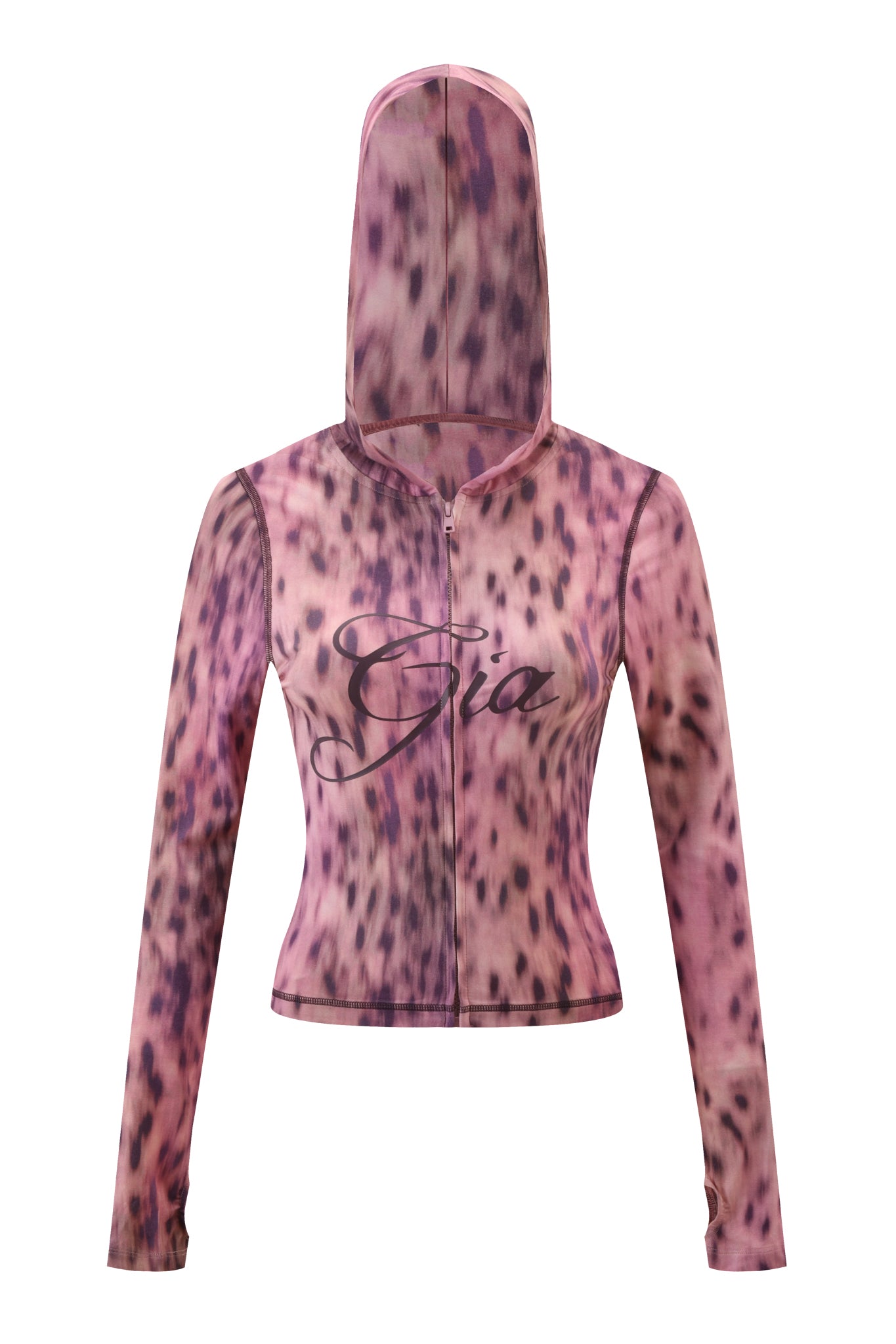 The I.AM.GIA BLARE HOODIE - PINK BLURRED CHEETAH features long sleeves, a fitted waist, a zip-up front, and “Gia” in cursive across the chest.