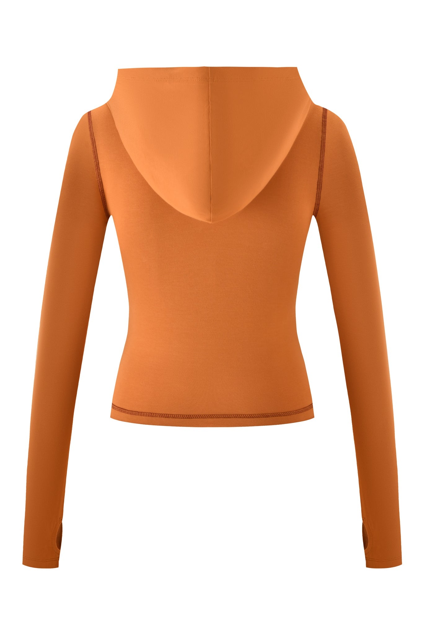 The BLARE HOODIE - PUMPKIN by I.AM.GIA is a fitted, long-sleeve orange bodycon hoodie shown from the back, featuring thumb holes and visible stitching along the seams and hem.