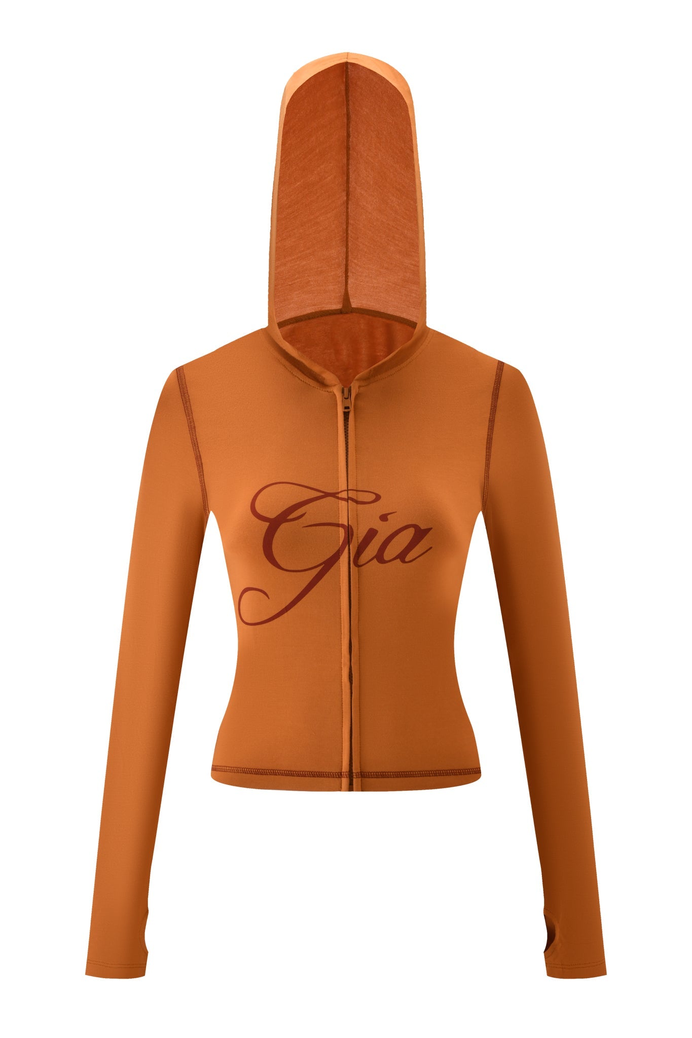 The BLARE HOODIE - PUMPKIN by I.AM.GIA is a brown, long-sleeve, fitted zip-up bodycon hoodie with “Gia” in bold script on the chest and a cozy hood, pictured against a crisp white background.