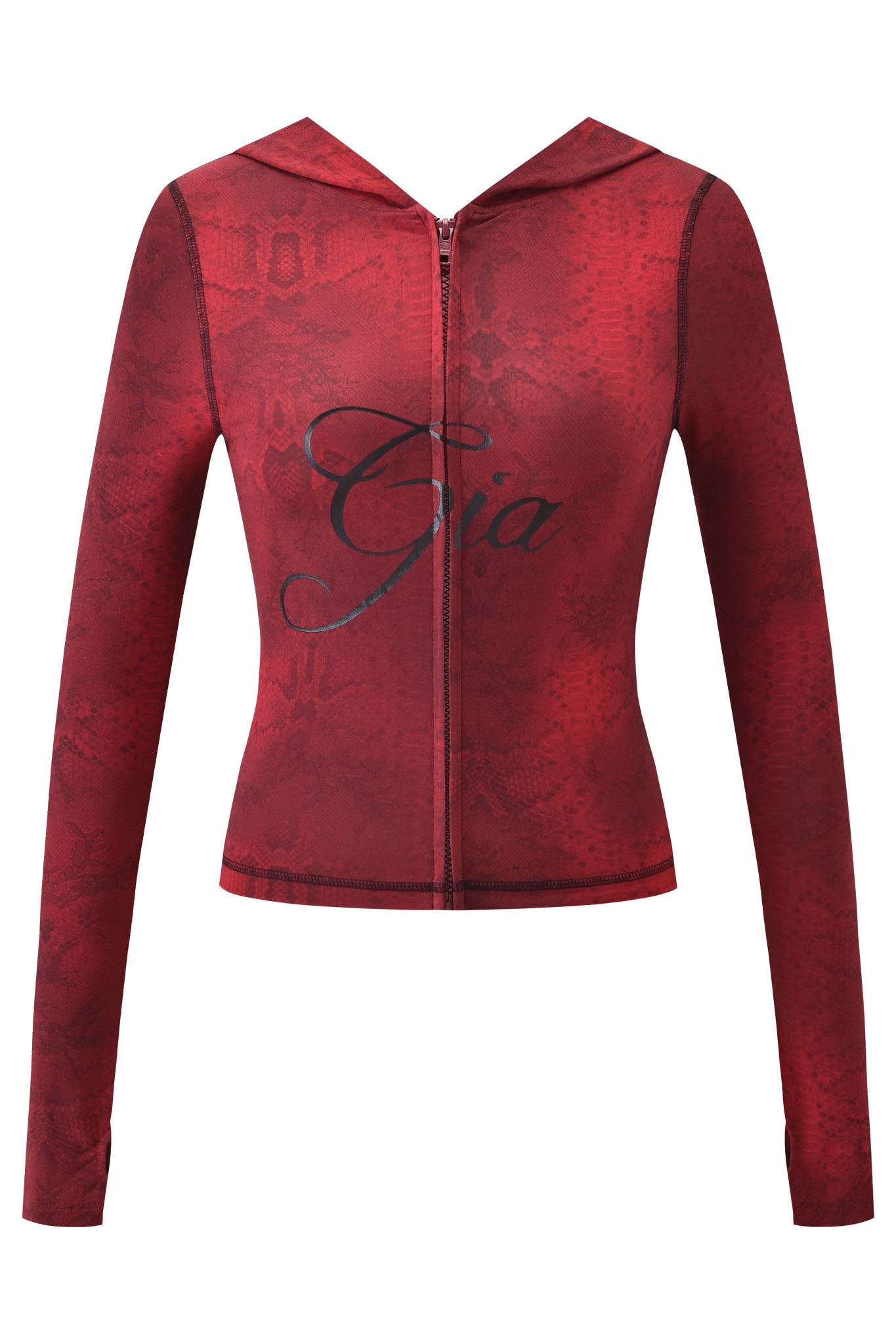 The BLARE HOODIE - RED SERPENTINE by I.AM.GIA features a fitted, long-sleeve design with a striking red serpentine print and "Gia" in black script across the chest for a bold, stylish look.