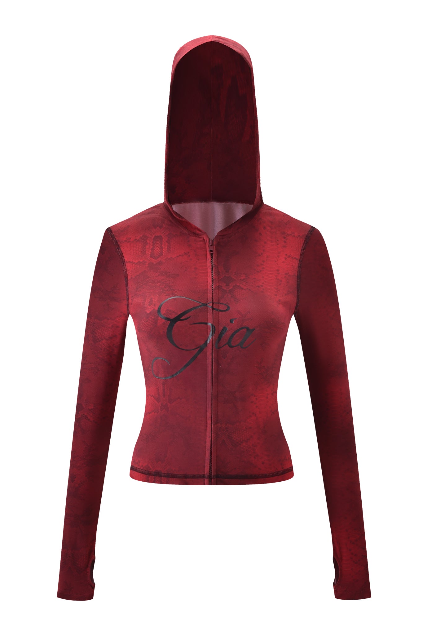 The BLARE HOODIE - RED SERPENTINE by I.AM.GIA features a red serpentine print, long sleeves, a hood, zip-up front, textured finish, and "Gia" in black script on the front.