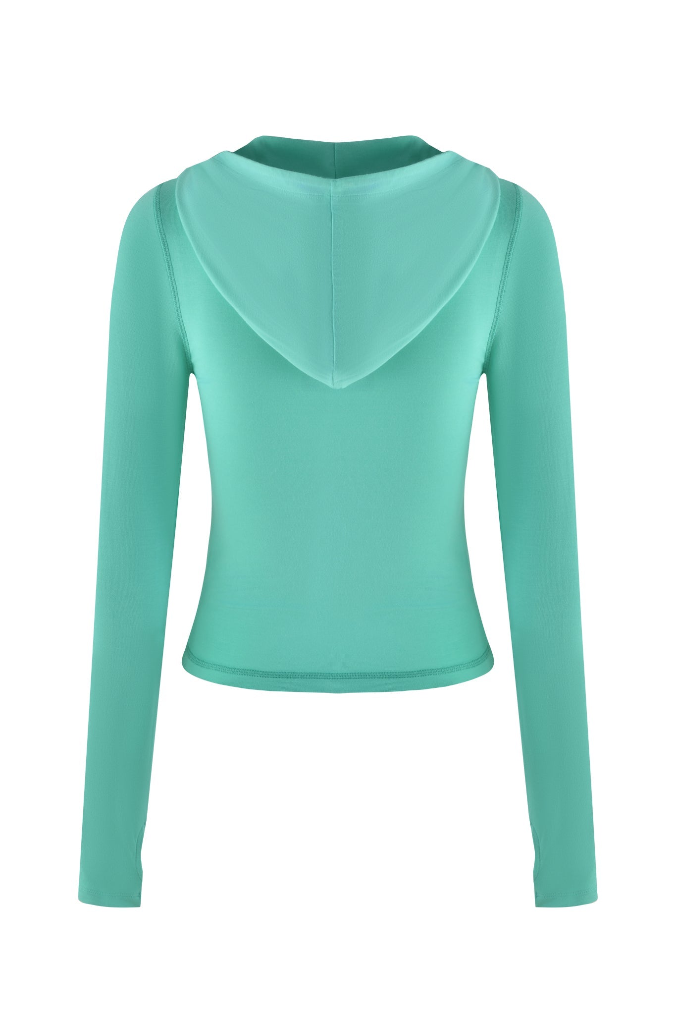 The BLARE HOODIE - GREEN: TURQUOISE: TEAL by I.AM.GIA features a fitted, long-sleeve design with a smooth, simple texture. Crafted from bamboo fabric, it offers a tailored waist and full hood, shown from the back against a white background.