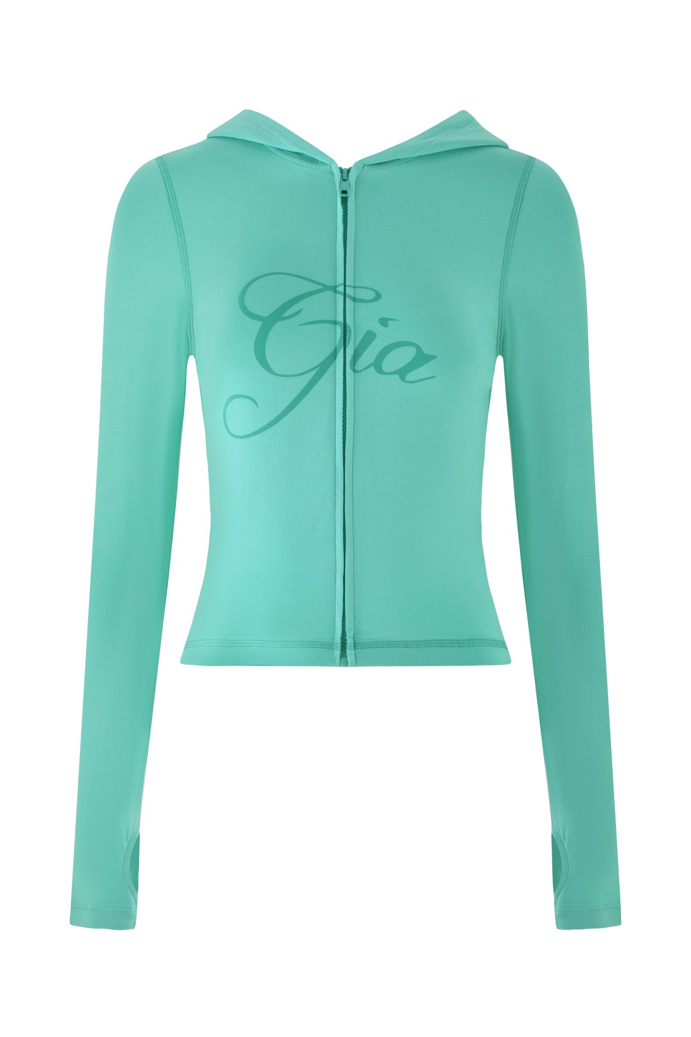 The BLARE HOODIE by I.AM.GIA is designed in turquoise teal with a fitted silhouette and "Gia" boldly printed on the chest. This long-sleeve zip-up includes thumbholes for added comfort and style.