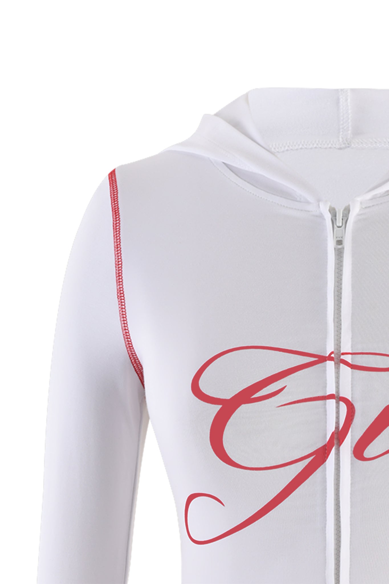 Description of the BLARE HOODIE - WHITE by I.AM.GIA:

The BLARE HOODIE - WHITE from I.AM.GIA features red stitching along the shoulders and a front zipper. The chest boasts large, elegantly styled red script lettering that proudly showcases the brand name, I.AM.GIA. The hoodie has a smooth, sleek appearance, with a close-up view highlighting its material and design details.