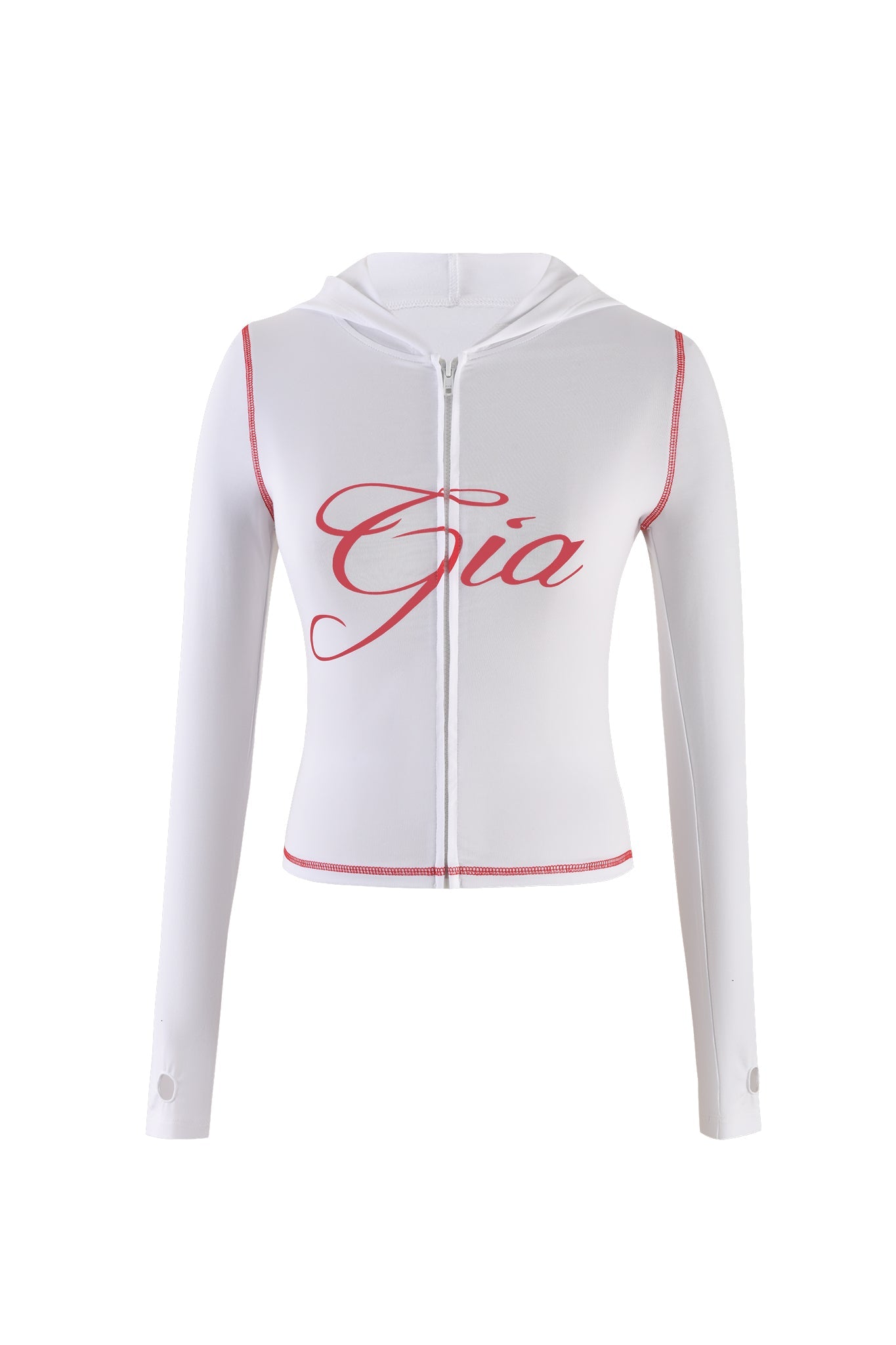 Introducing the BLARE HOODIE - WHITE by I.AM.GIA: a stylish, white, long-sleeve zipper hoodie adorned with red trim and thumb holes at the wrists. It features "Gia" in bold red cursive letters across the chest, embodying that classic I.AM.GIA flair.