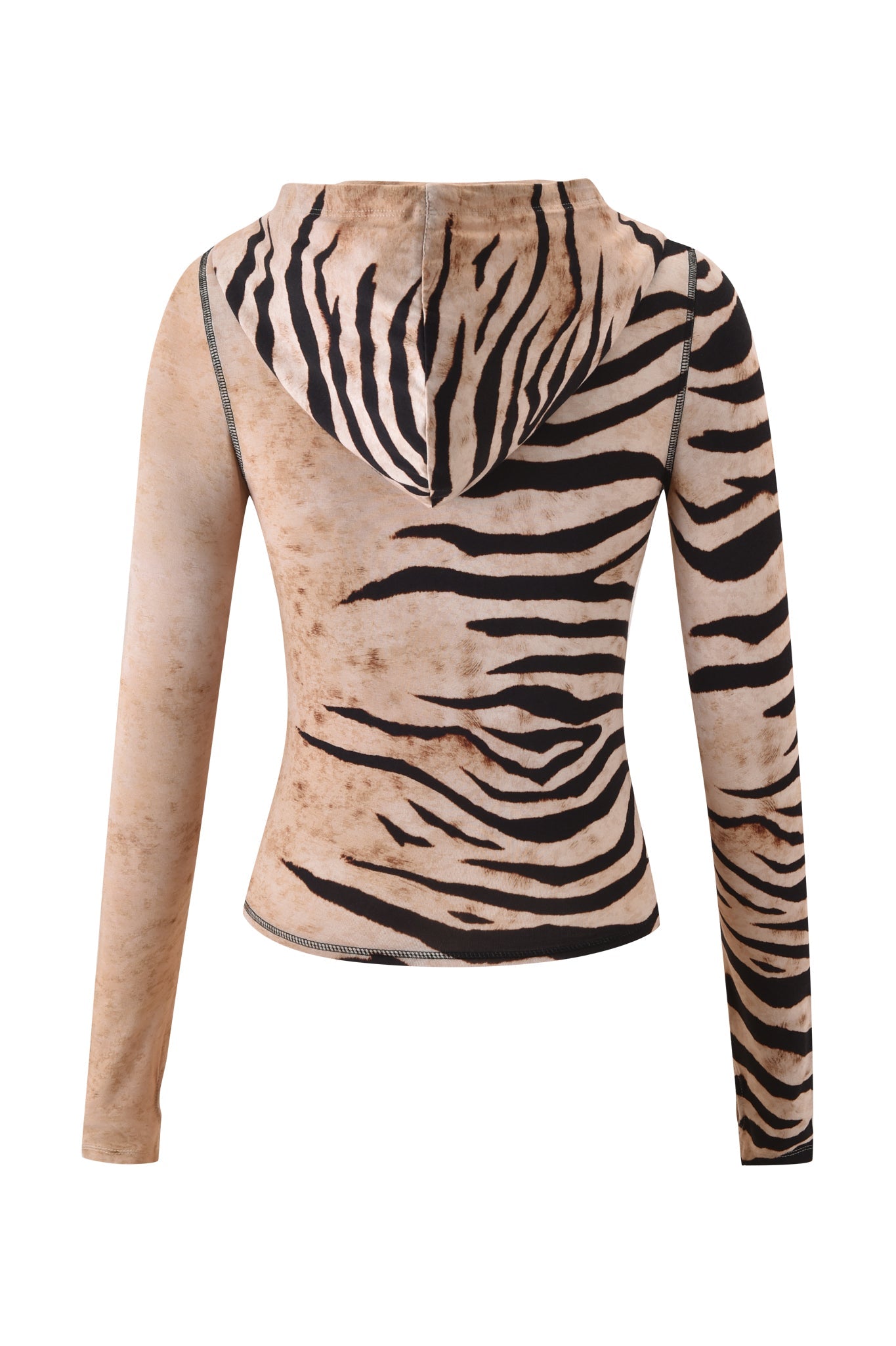The BLARE HOODIE - WILD SIDE by I.AM.GIA is a long-sleeve, fitted hoodie with a bamboo blend, featuring one solid tan sleeve and bold tan and black tiger stripes on the other sleeve and hood.