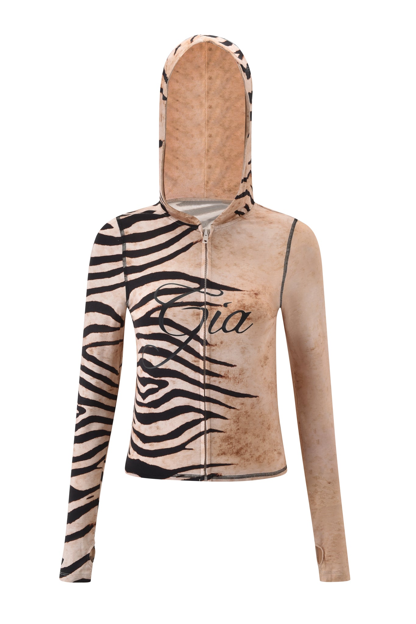 The BLARE HOODIE - WILD SIDE by I.AM.GIA is a cropped bamboo zip-up with tan and black zebra stripes, one striped sleeve, one plain tan, "Gia" cursive logo on the chest, and a hood.