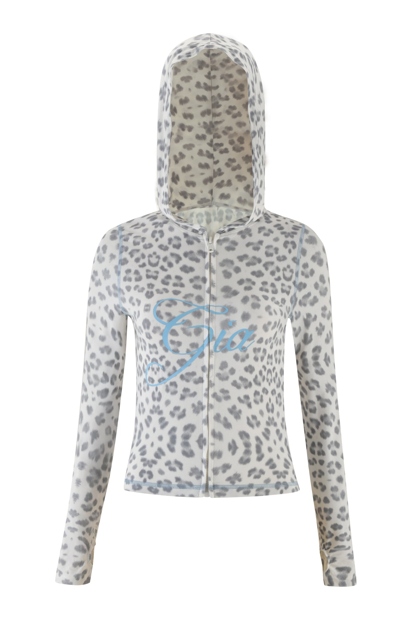 The I.AM.GIA Blare Hoodie - Snow Leopard : Winter Wild Card showcases a striking snow leopard print with a front zipper, featuring the word "Gia" in blue script across the chest, adding a touch of flair to this stylish piece.