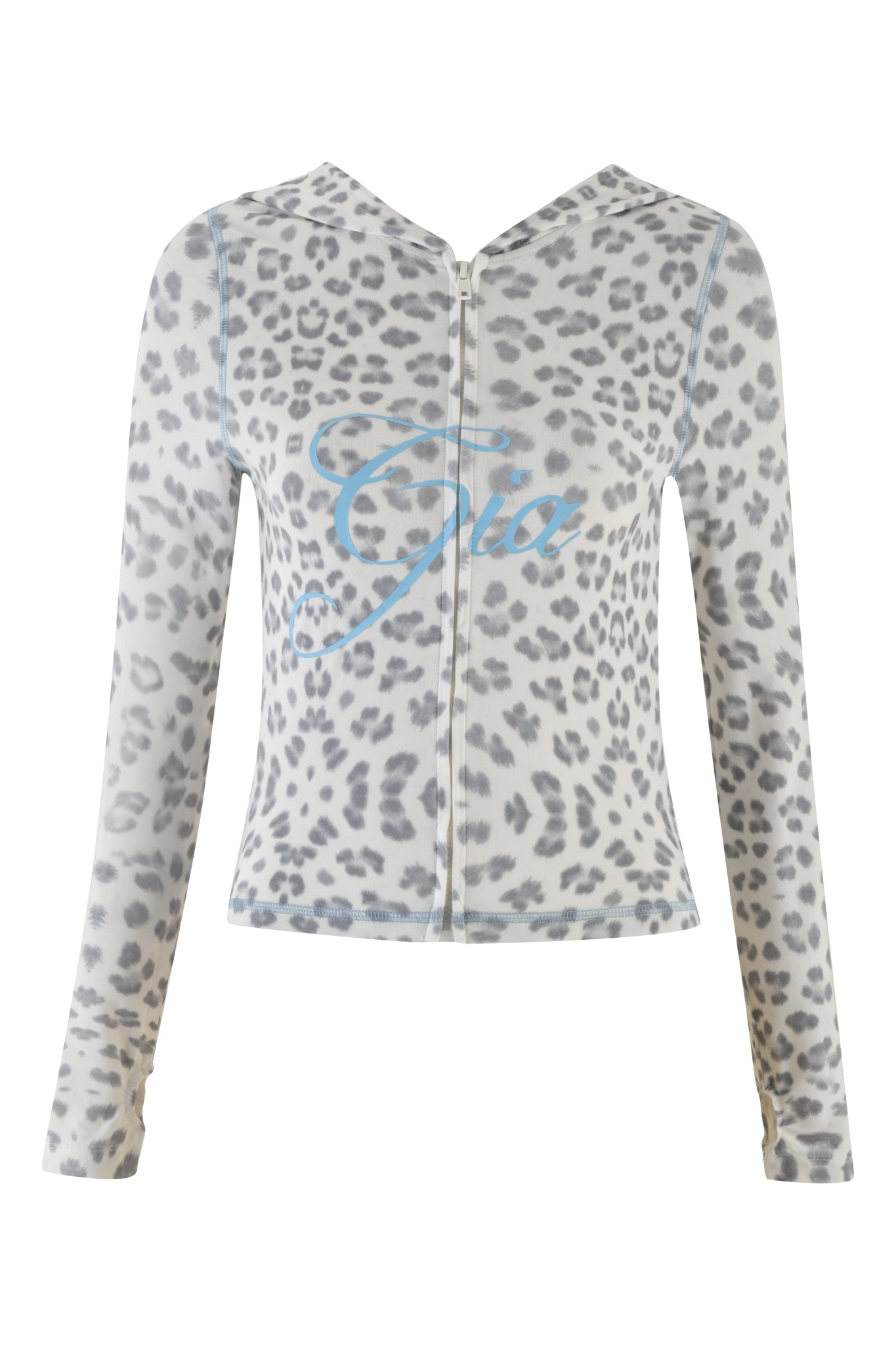 Introducing the BLARE HOODIE - SNOW LEOPARD : WINTER WILD CARD by I.AM.GIA: a long-sleeve zip-up hoodie with a trendy light gray snow leopard print, featuring "Gia" stylishly scripted in light blue on the front.