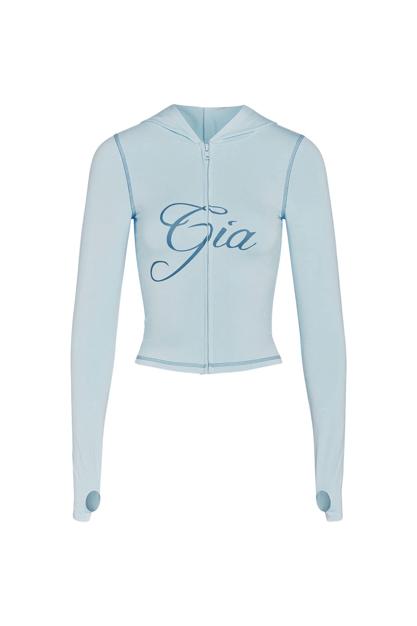 The BLARE HOODIE - BLUE by I.AM.GIA features a bodycon fit, long sleeves with thumb holes, a zip-up front, hood, and "Gia" in large cursive across the chest for a cozy, stylish look. Color: Baby Blue.