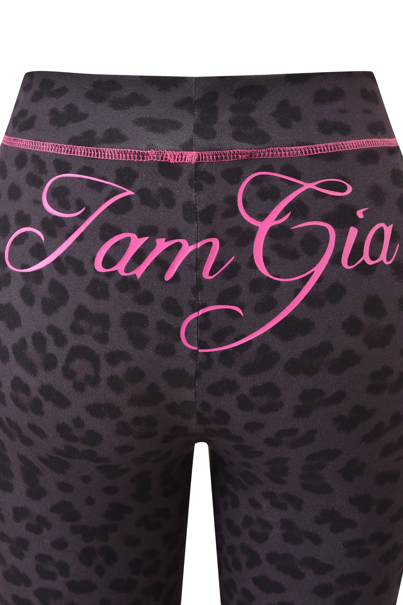 Close-up of the back of the BLARE TRACKPANT - PANTHER by I.AM.GIA featuring a black panther print and bold pink "I.AM.GIA" script across the waistband and upper area.
