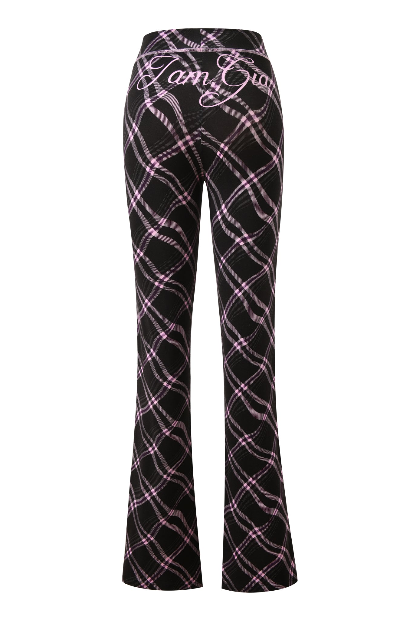 The BLARE TRACKPANT - BLACK WARPED PLAID by I.AM.GIA features black and pink plaid flares, viewed from the back with “I.AM.GIA” in white cursive on the waistband—a bold update to classic plaid pants.