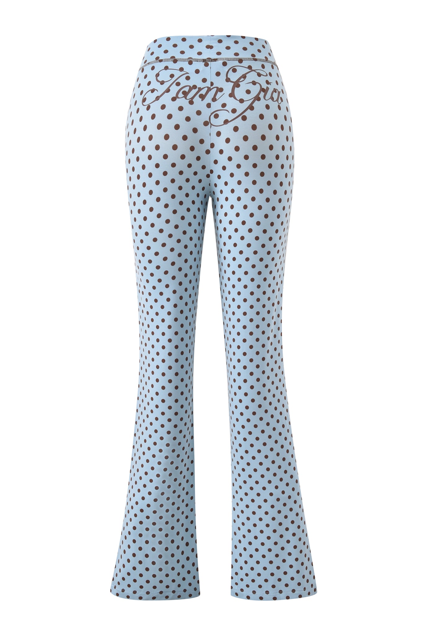 The I.AM.GIA BLARE TRACKPANT - BLUE POLKA DOT features a light blue color, low rise waist, dark polka dot pattern, and "Farm Girl" script across the back waistband.