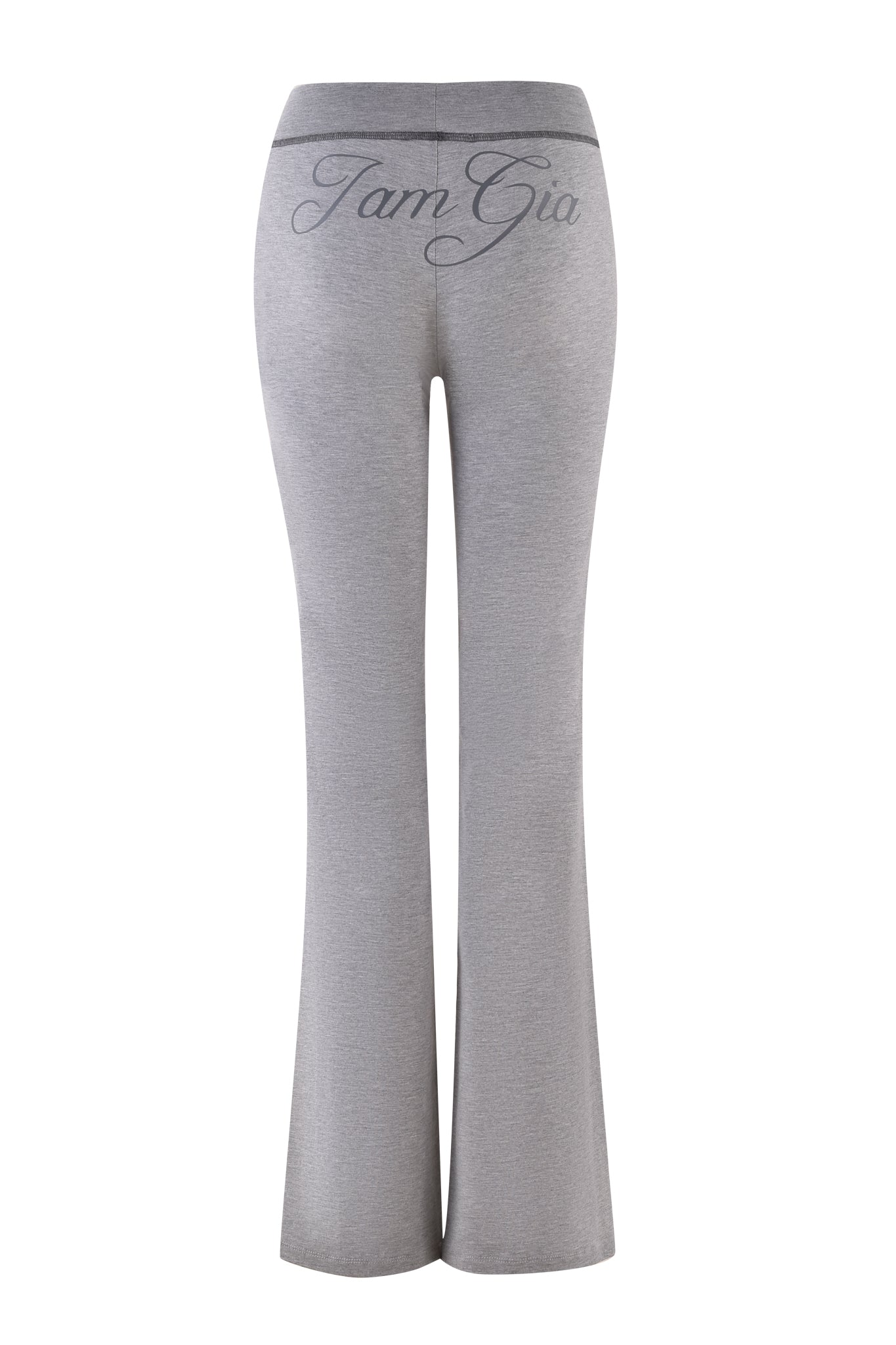 The I.AM.GIA BLARE JERSEY TRACKPANT in heather grey features a stylish logo and a comfortable flared leg design.