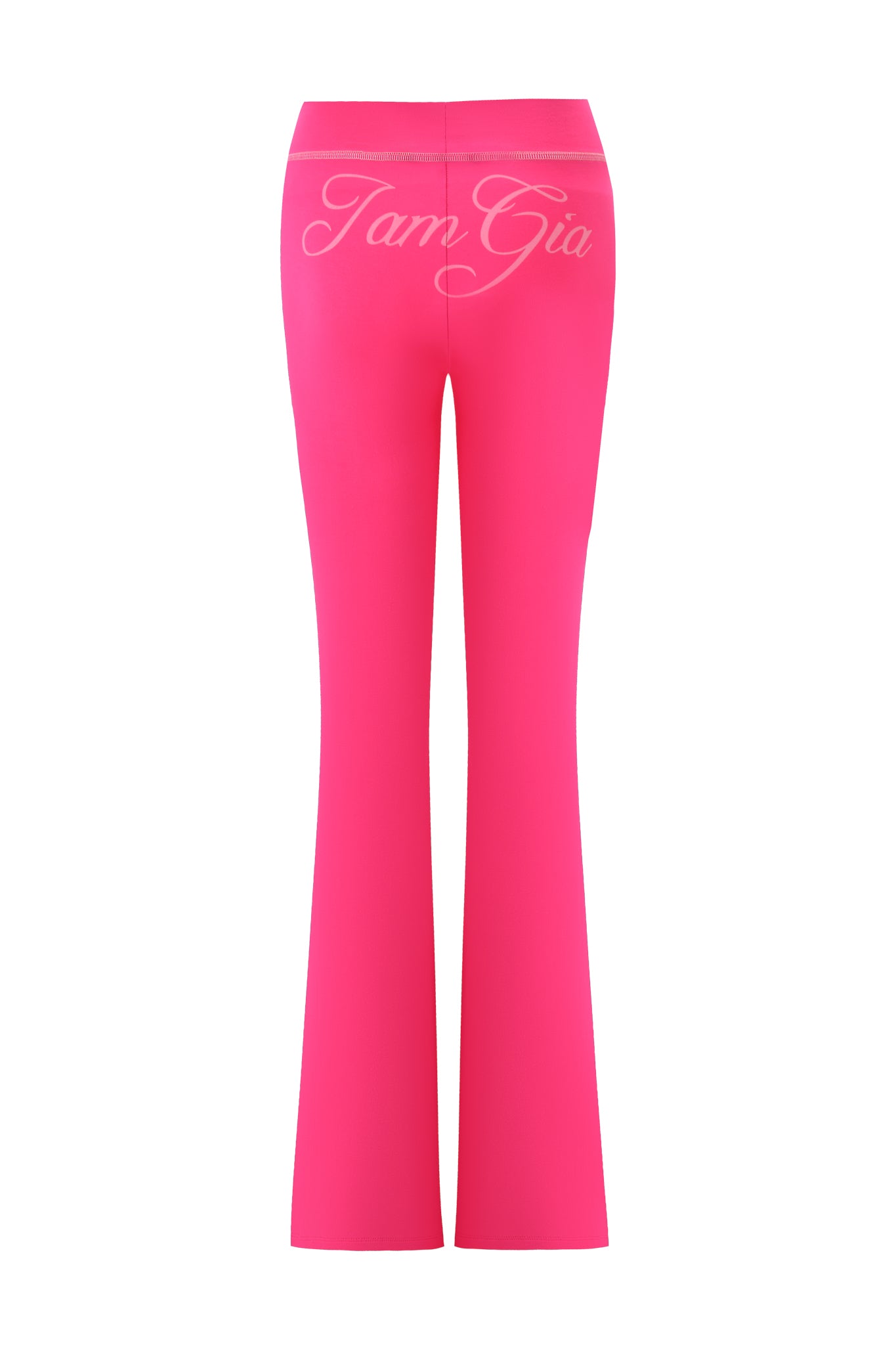 I.AM.GIA's BLARE TRACKPANT in hot pink features white script writing on the back and is showcased on a plain white background.