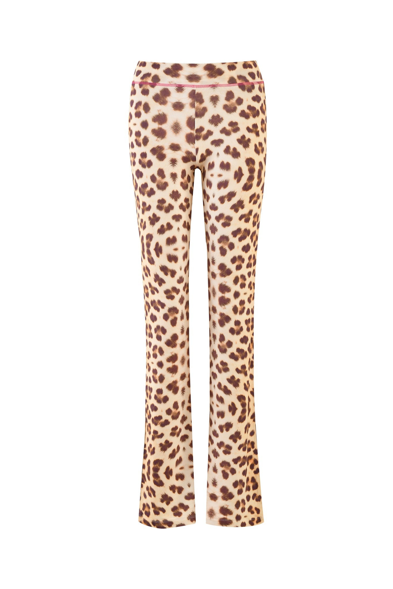 A pair of women's BLARE TRACKPANT - NEUTRAL : LEOPARD : WILD CARD from I.AM.GIA, featuring a high-waisted fit with a fitted design through the hips and thighs that flares slightly towards the hem. The fabric showcases a beige background with brown and black spots, mimicking a classic leopard fur pattern.