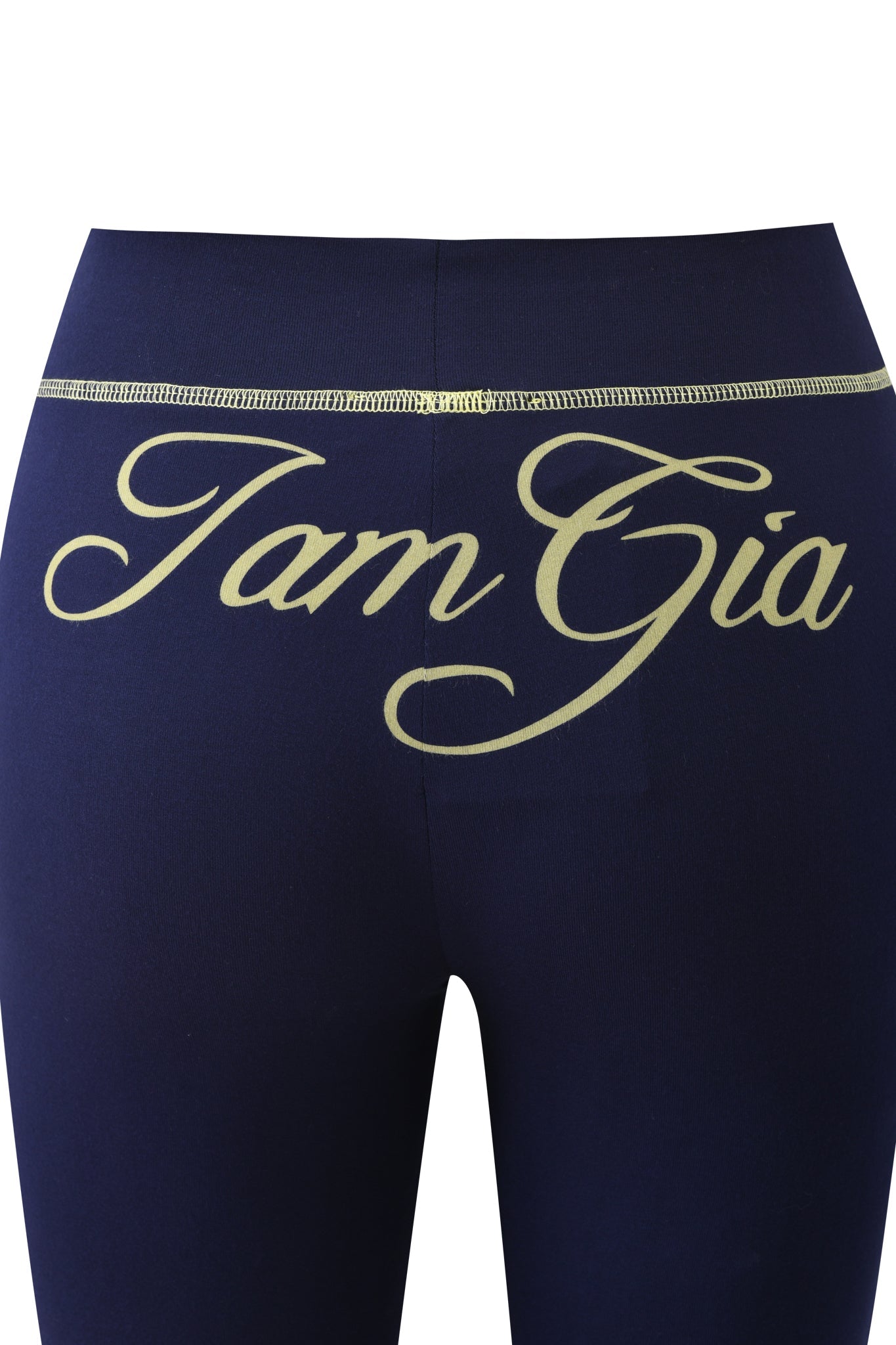 Close-up of the back of BLARE TRACKPANT - NAVY by I.AM.GIA, featuring the brand name in bold gold script across the waistband.