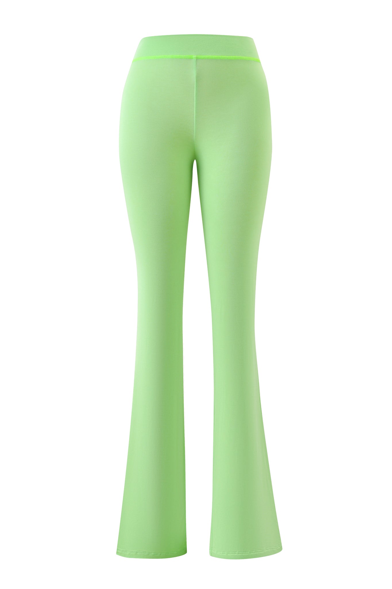 The I.AM.GIA BLARE TRACKPANT in neon green features a bright lime color, high waist, fitted thighs, and flared bell-bottom legs, shown from the back for a bold trackpant look.