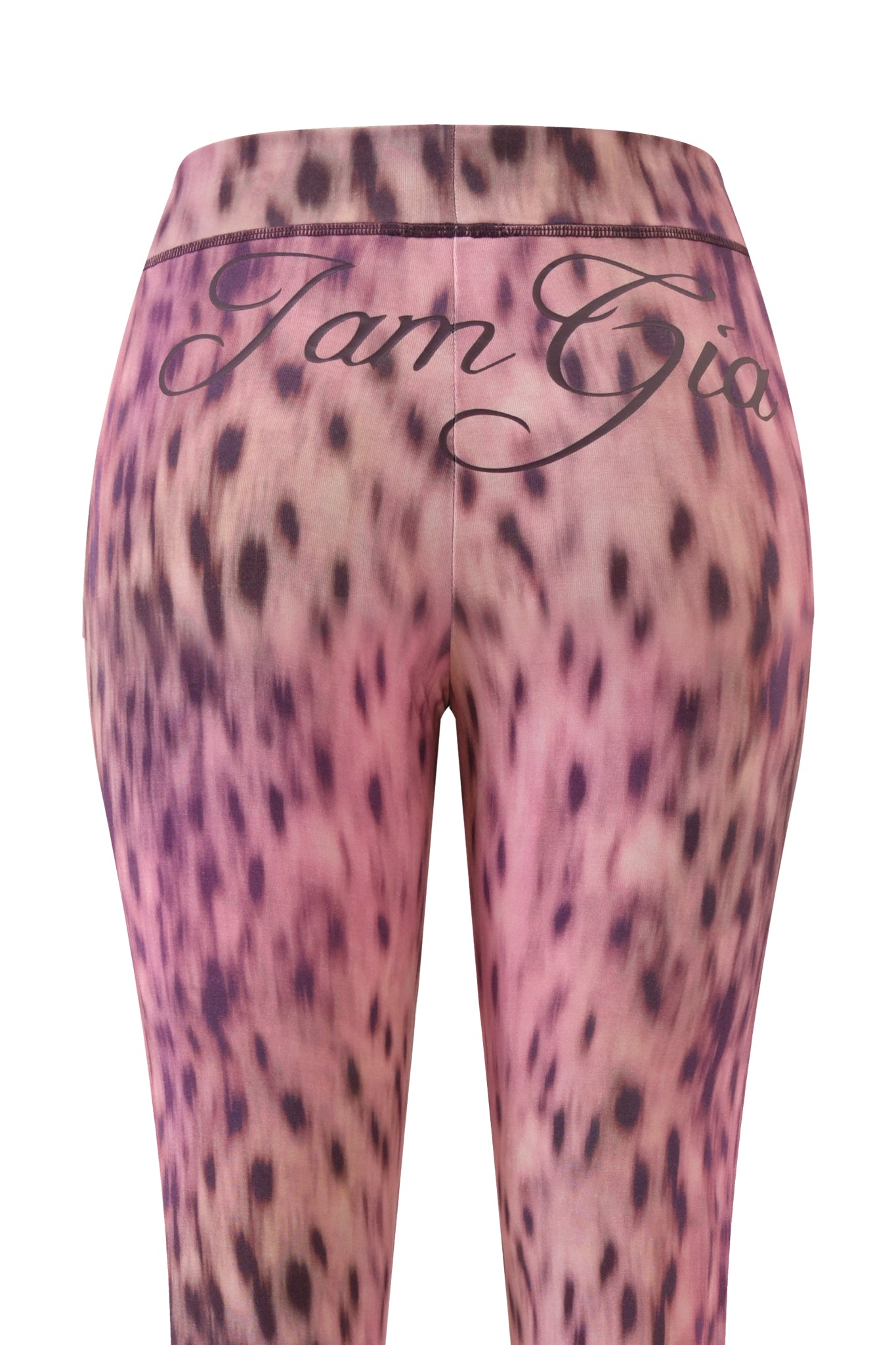 Back view of the I.AM.GIA BLARE TRACKPANT in Pink Blurred Cheetah, featuring a low-rise waist and “I am Gia” cursive text across the waistband.