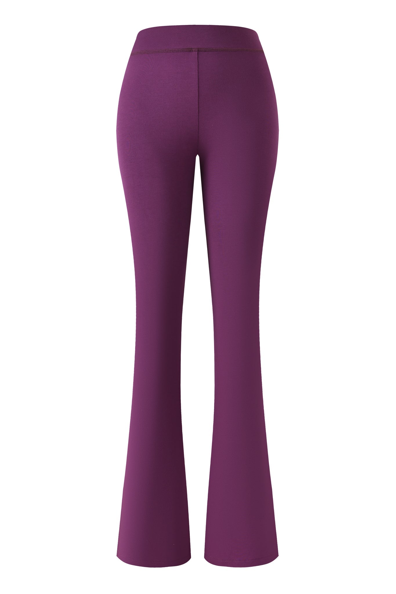 Back view of the I.AM.GIA BLARE TRACKPANT - PLUM, featuring high-waisted, flared legs and a fitted waist and hips in smooth, stretchy fabric for a sleek silhouette, displayed on a plain white background.