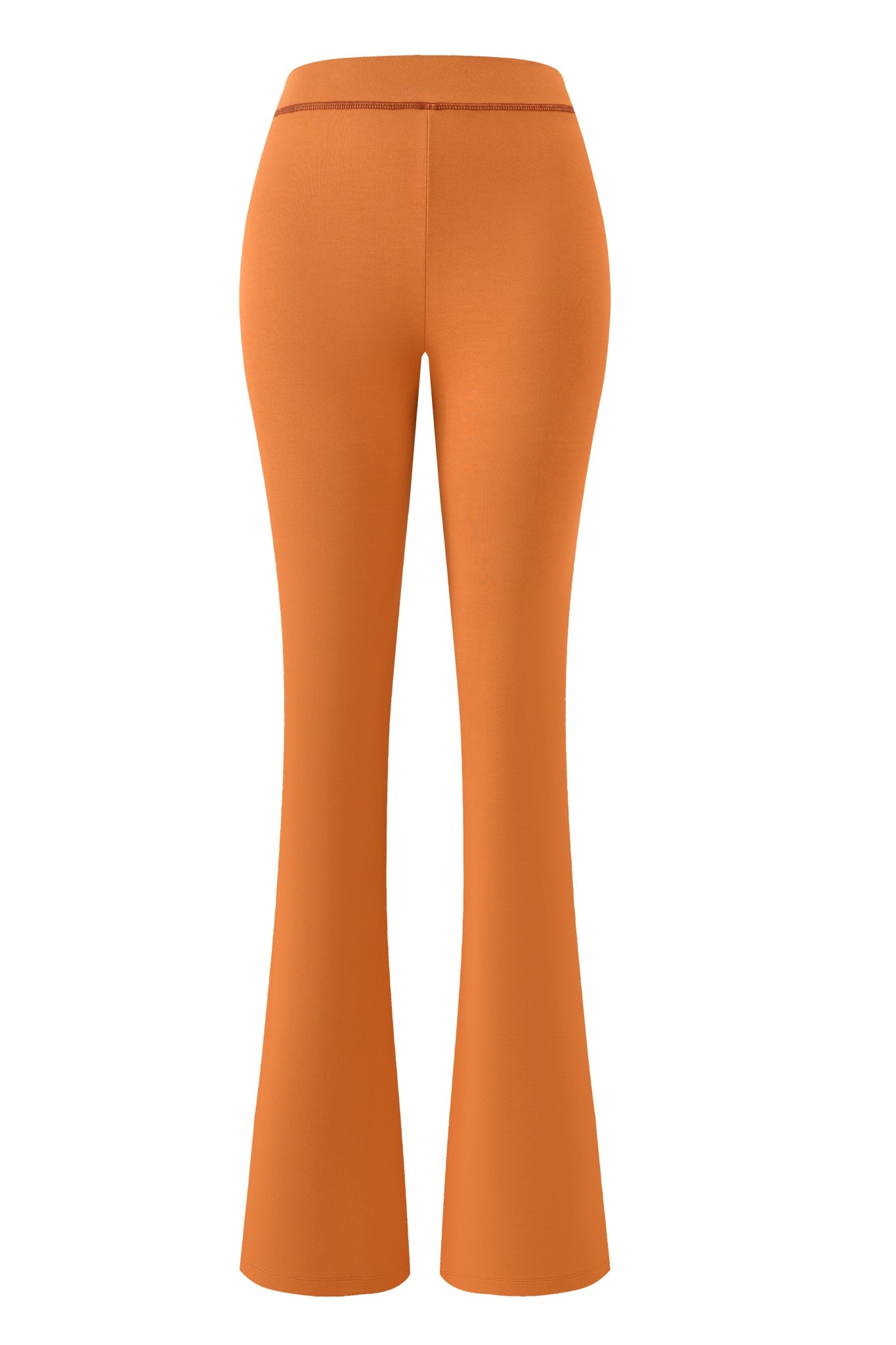 Back view of the I.AM.GIA BLARE TRACKPANT - PUMPKIN, showcasing its vibrant pumpkin shade, high-waisted fitted waist, and wide flared legs against a white background.