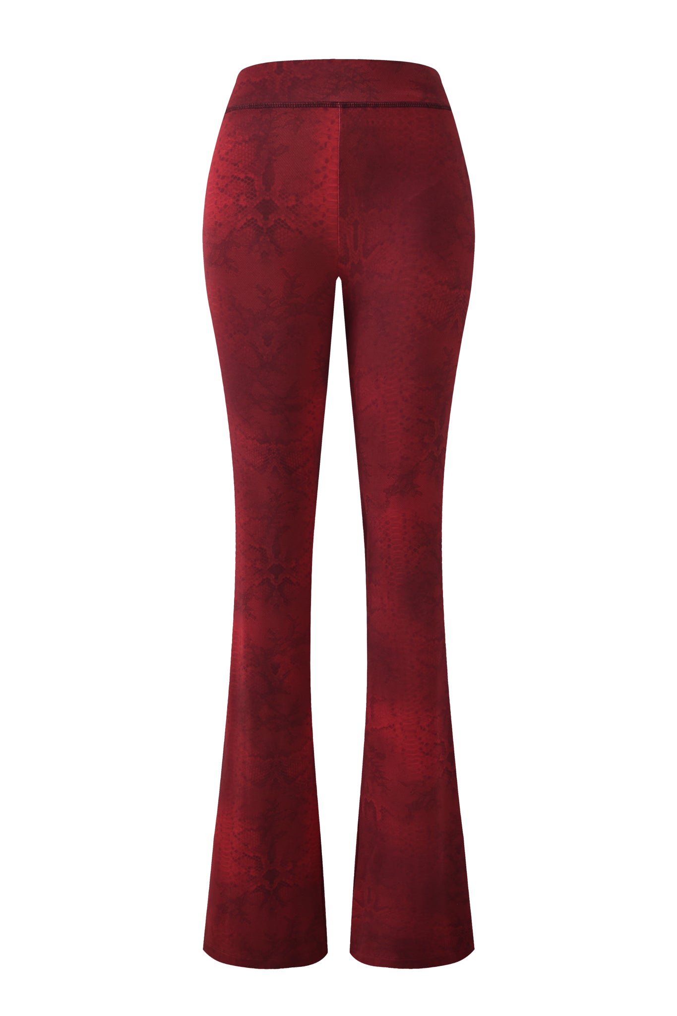 The I.AM.GIA BLARE TRACKPANT - RED SERPENTINE features a high-waisted, flared silhouette in deep red bamboo fabric with a subtle red serpentine print, displayed from the back on a white background.