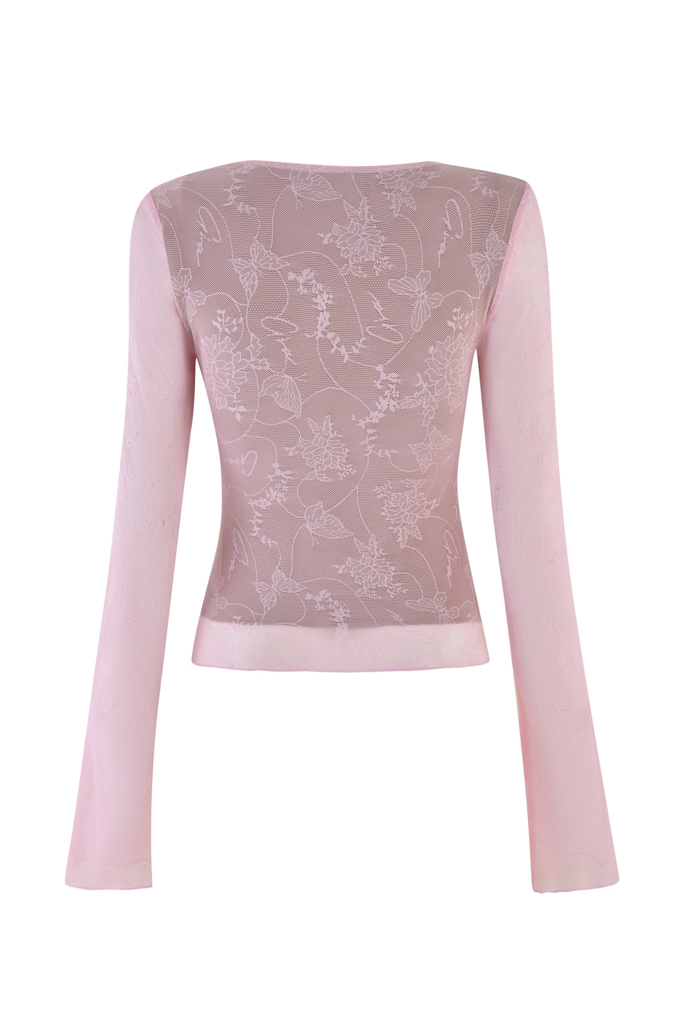 The YVETTE TOP - PINK from I.AM.GIA is a long-sleeved, semi-sheer lace top in baby pink, featuring a floral embroidered design on the back. This garment showcases a delicate light pattern with a V-neckline and offers a bodycon fit.