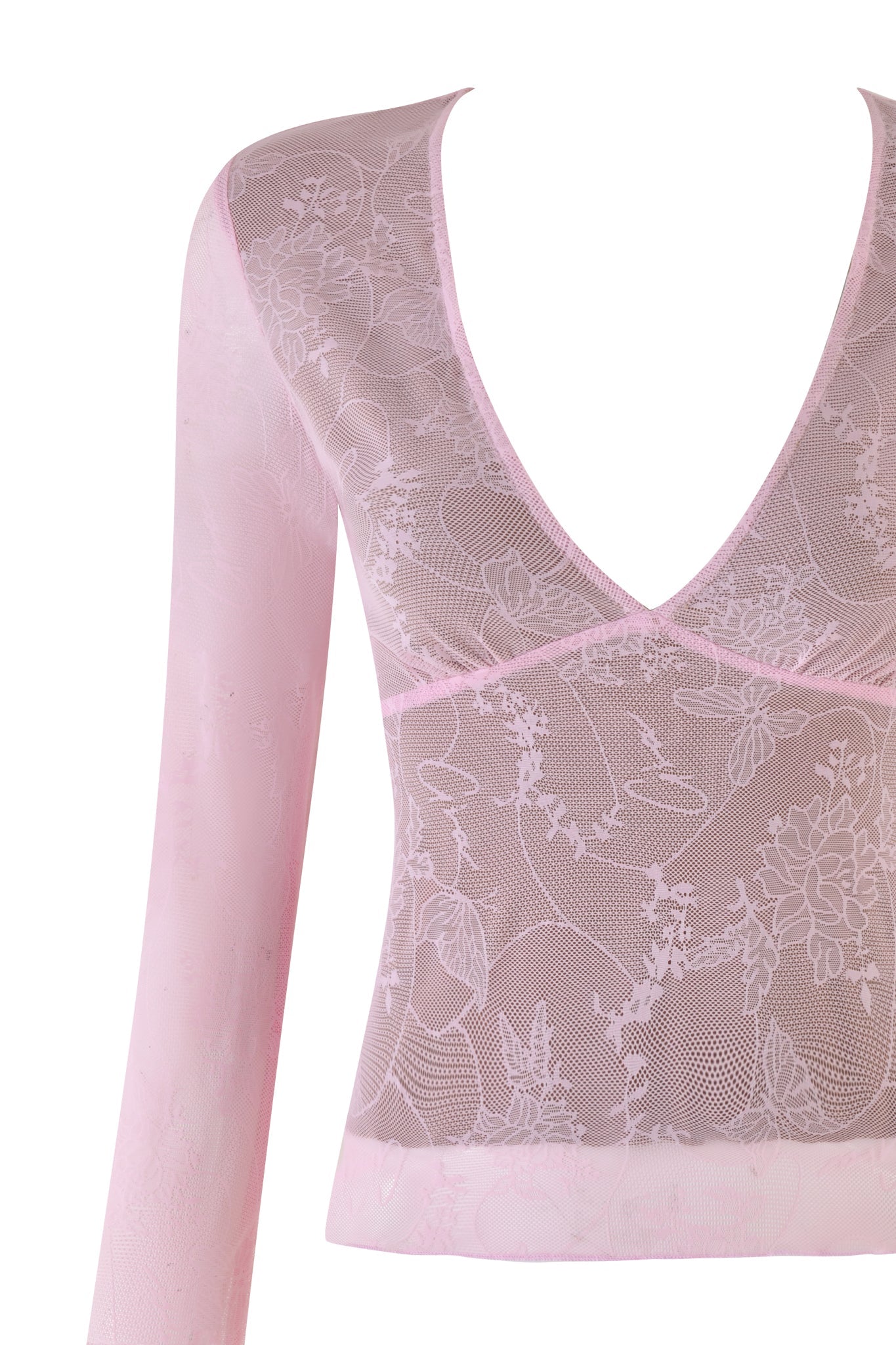 The YVETTE TOP from I.AM.GIA in baby pink is a sheer lace long-sleeve top with a bodycon fit, featuring floral patterns and a delicate V-neckline.