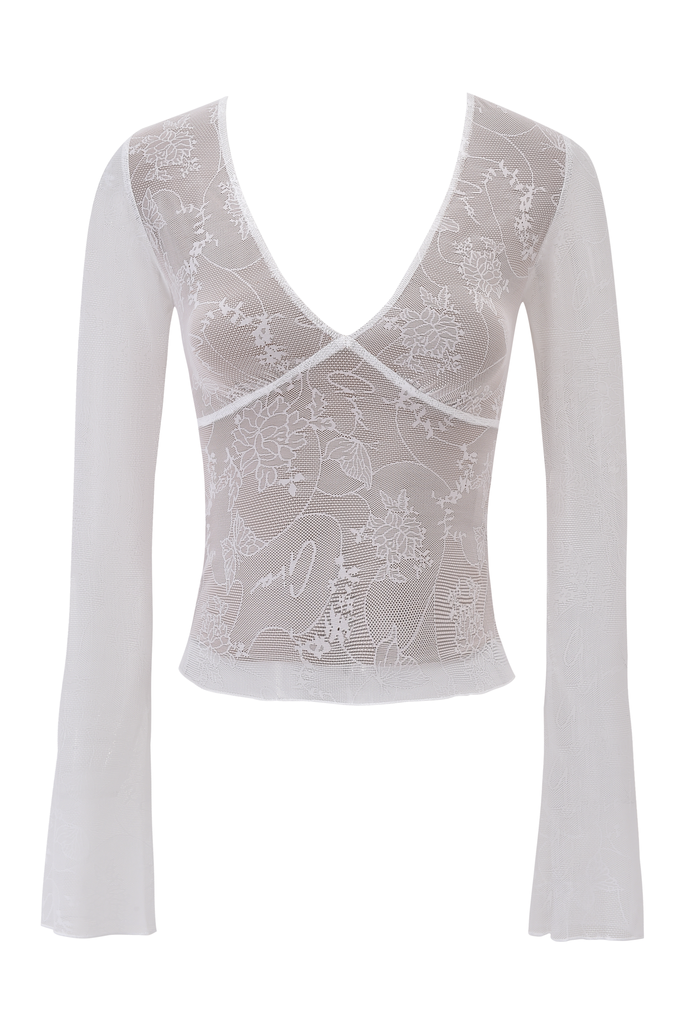 The YVETTE TOP - WHITE : BUTTERFLY LACE by I.AM.GIA features sheer white long sleeves, a deep V-neckline, custom 'GIA' lace, fitted waist, and subtly flared sleeves.
