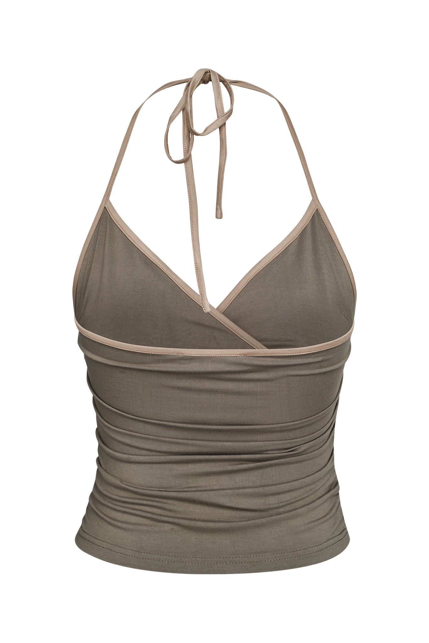 The JANNIS TANK - GREEN by I.AM.GIA is a sleeveless army green halter top with beige trim, a wrap-style front, and a tie neck closure.