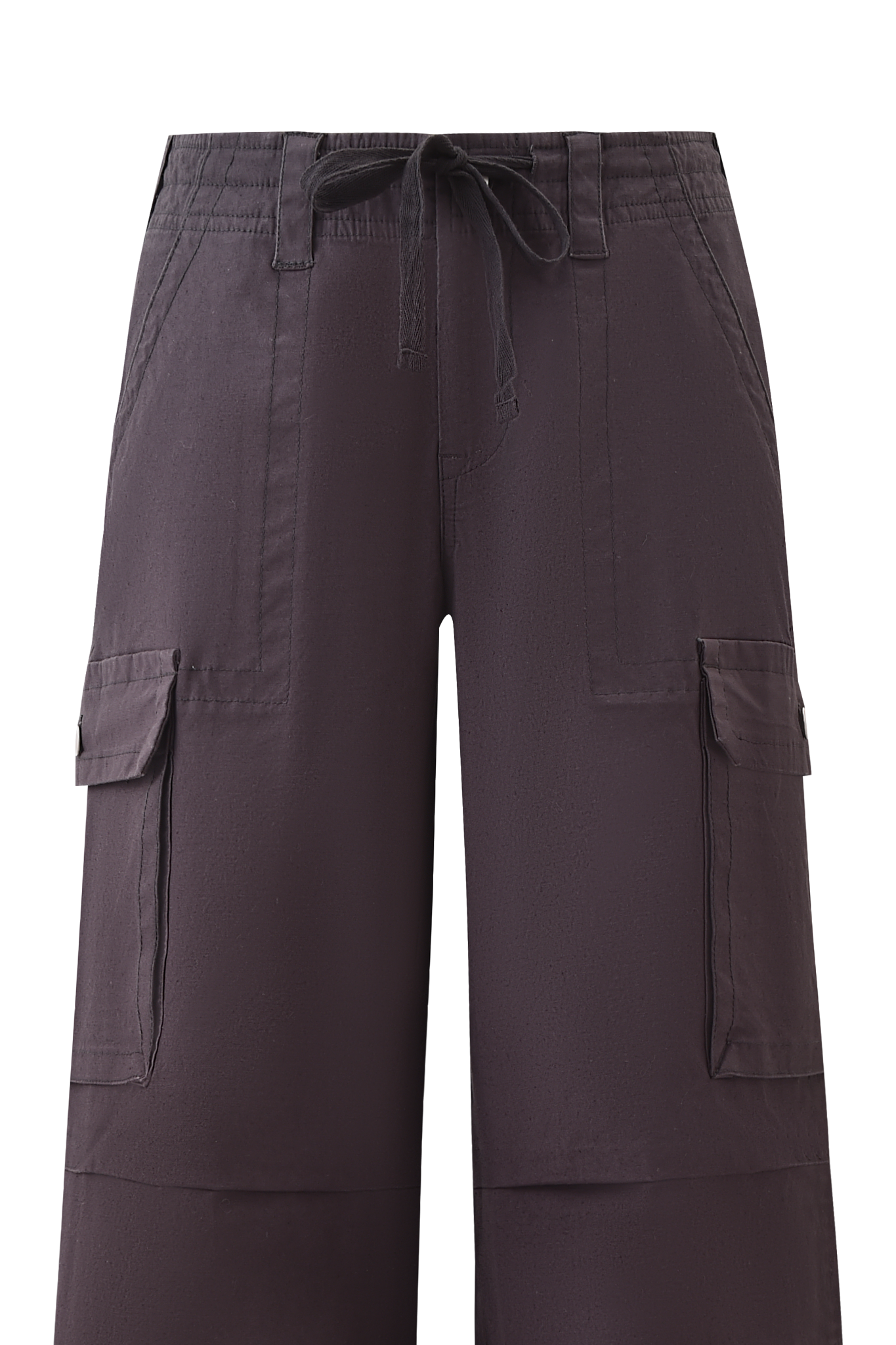 The I.AM.GIA JAXXON PANT in grey features a low-rise waist, elastic waistband with drawstring tie, and large flap pockets on both thighs, shown against a plain background.