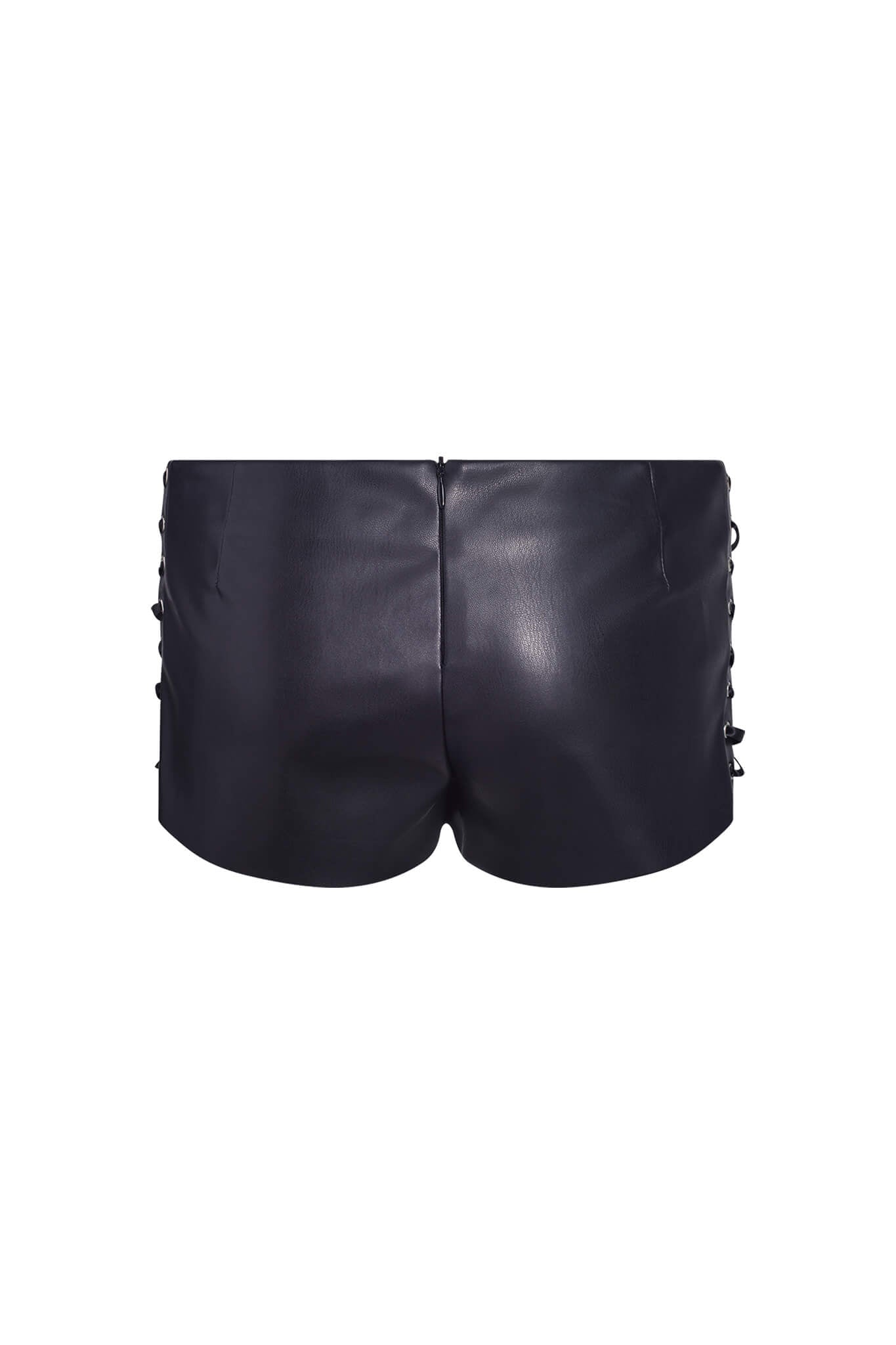 The RAMONA SHORT - BLACK from I.AM.GIA, featuring lace-up detailing on the sides and a view from the back, embodies an edgy style.