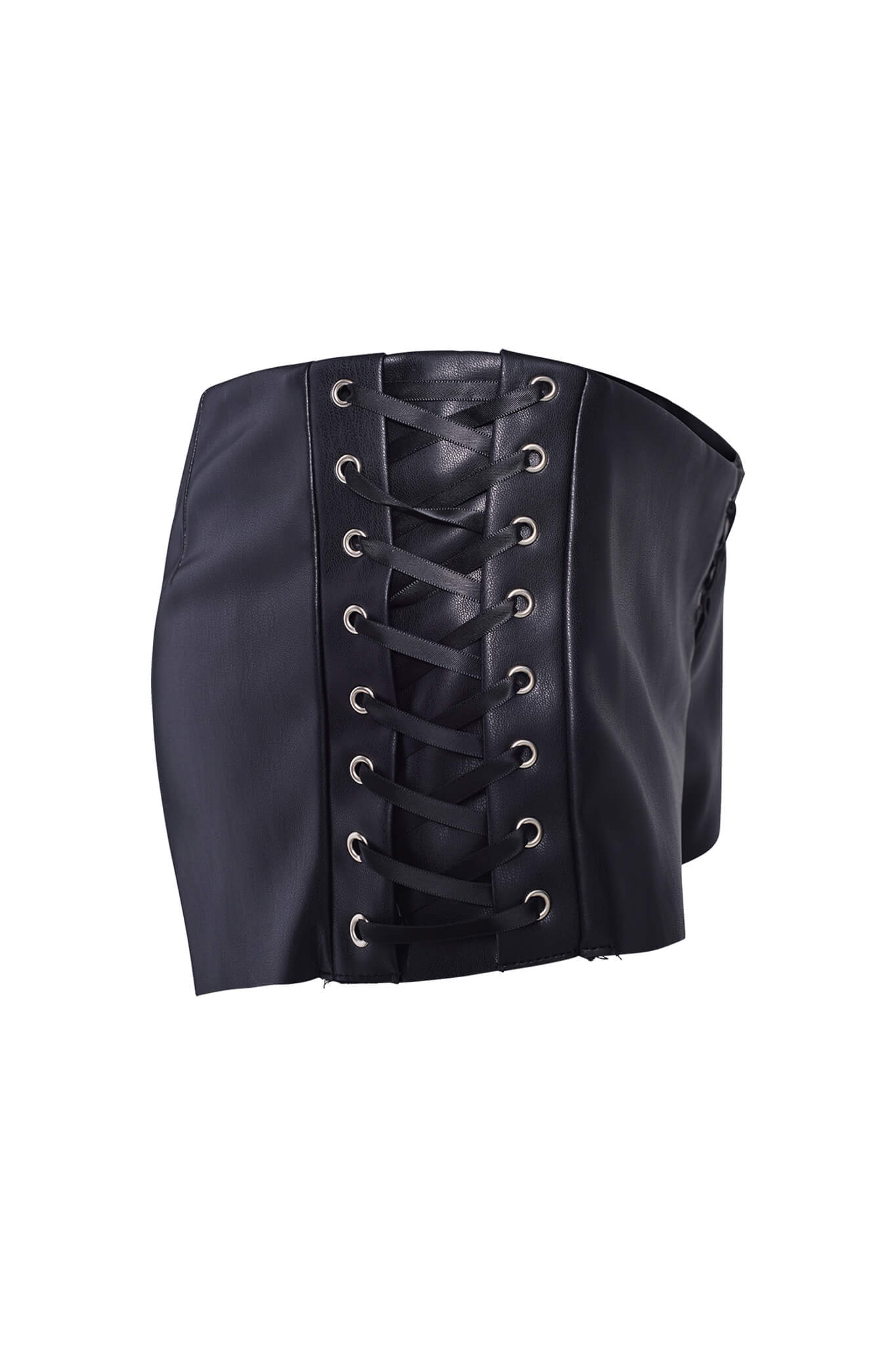 The RAMONA SHORT - BLACK by I.AM.GIA is a black faux leather corset belt with front lacing and silver eyelets. The belt is wide, covering a significant portion of the waist, and has a sleek, smooth texture.