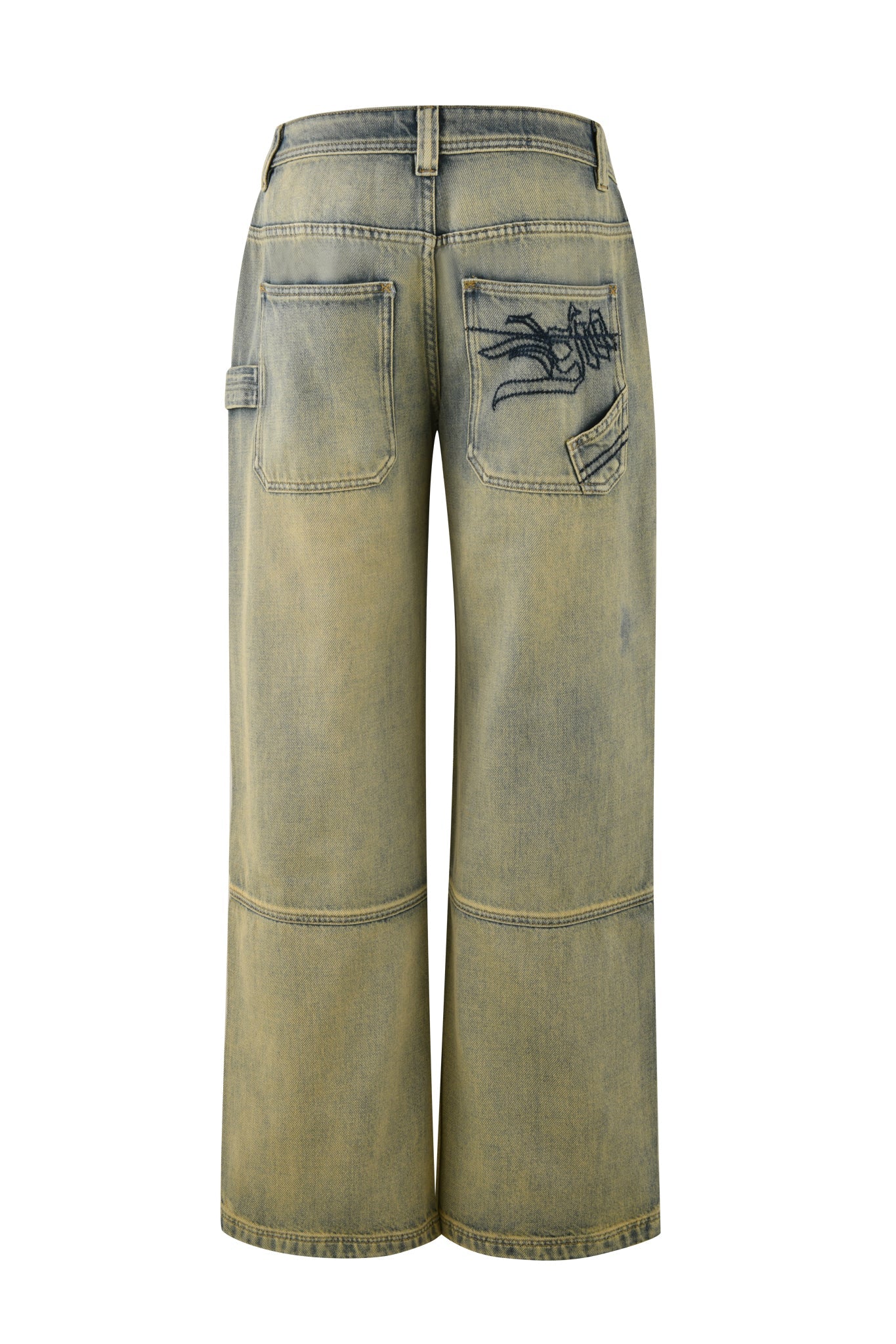 Rear view of the MISTY JEAN - NEUTRAL by I.AM.GIA, featuring wide-leg, high-waisted design in a faded olive wash. This rigid denim includes two back pockets, one adorned with a sketch-style insect design, and an extra small side pocket.