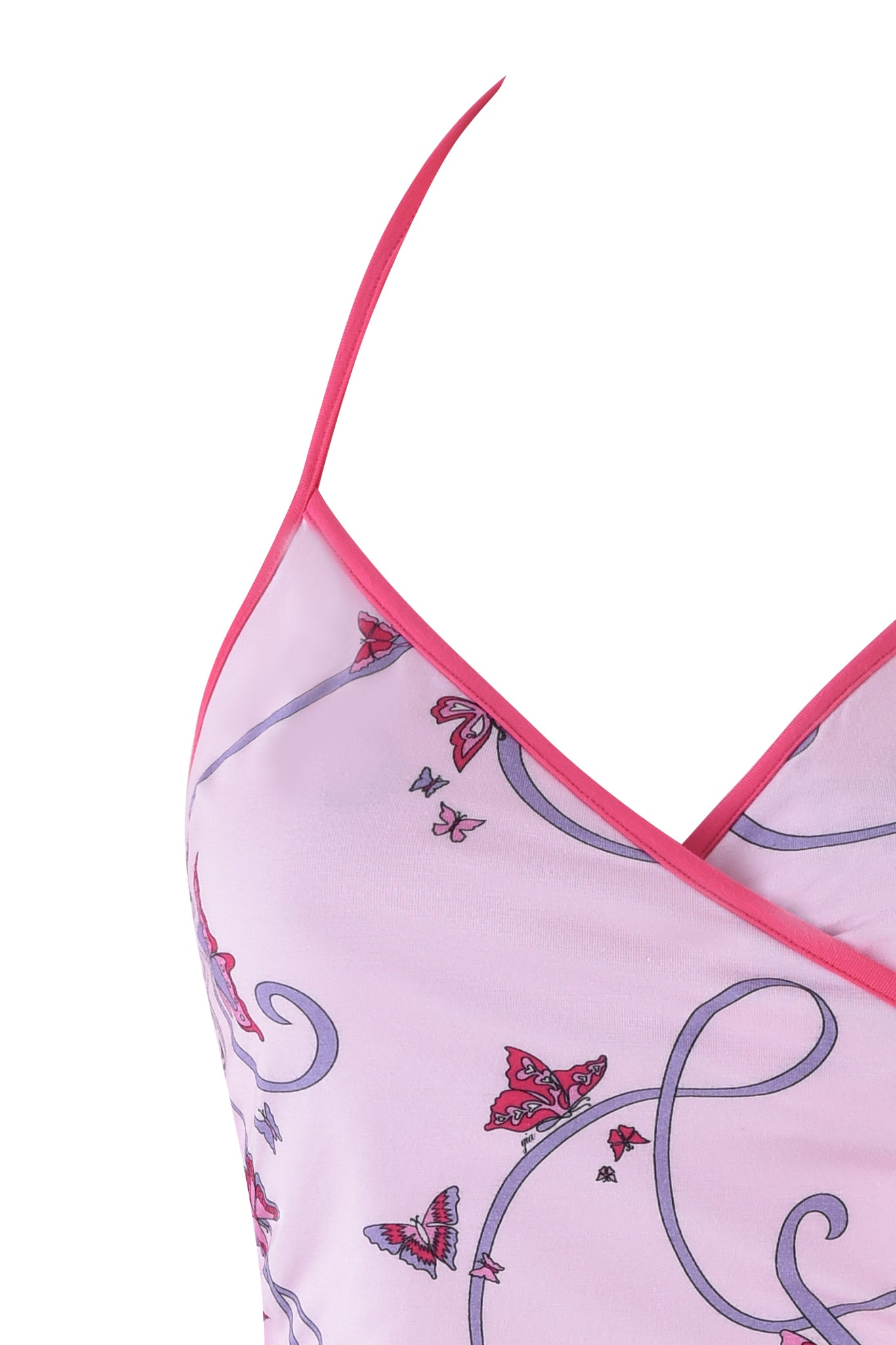 Close-up of the I.AM.GIA JANNIS TANK - PINK: BUTTERFLY RIBBON, showcasing pink straps, light fabric with whimsical butterfly ribbon and swirling patterns in shades of pink, red, and purple. Its bodycon silhouette adds a delicate touch.