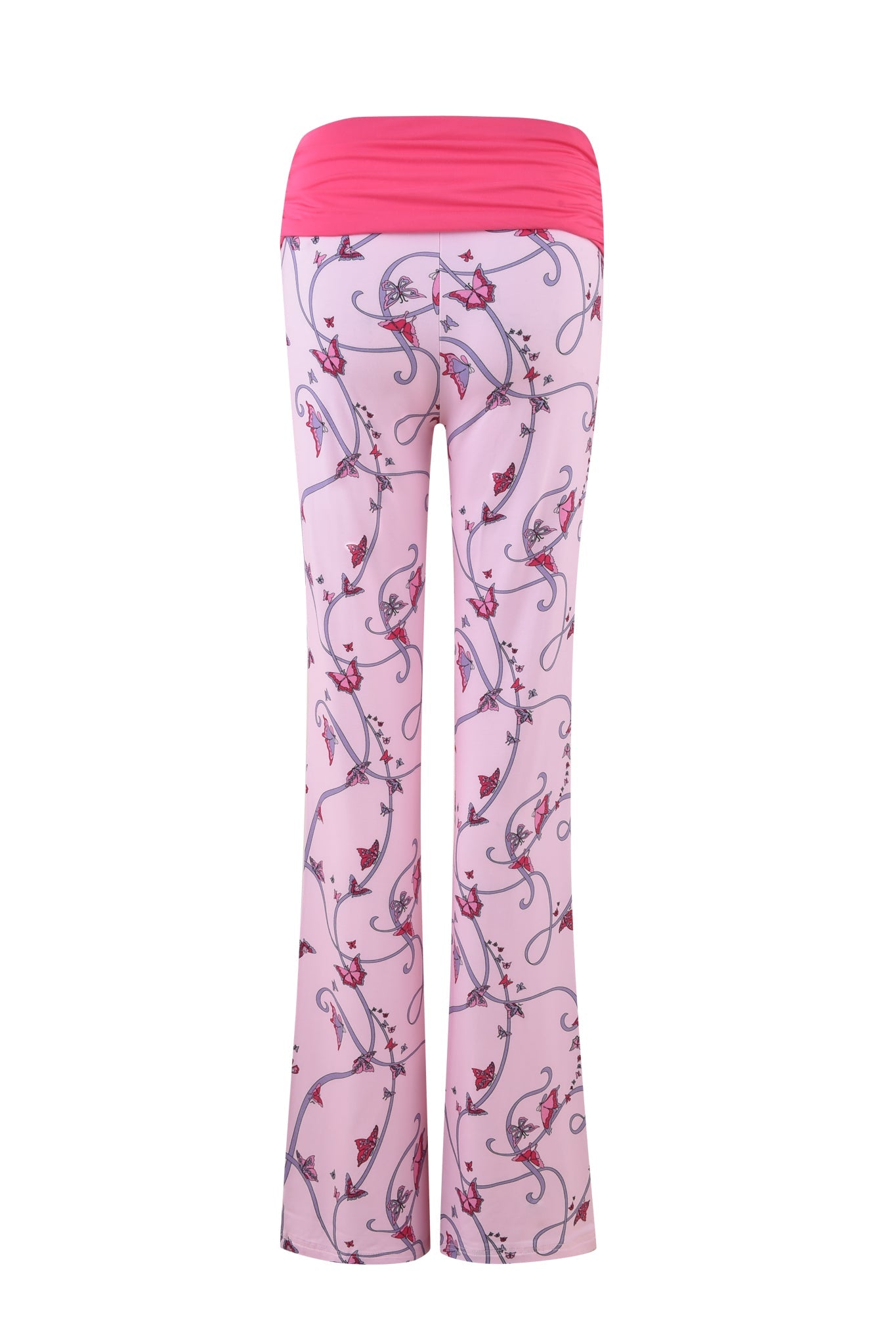 The JANNIS PANT - PINK by I.AM.GIA features a striking red waistband and a floral pattern with winding branches, blossoms, and a butterfly ribbon print. With their flared design and mid-rise waist, these yoga pants offer both style and comfort.