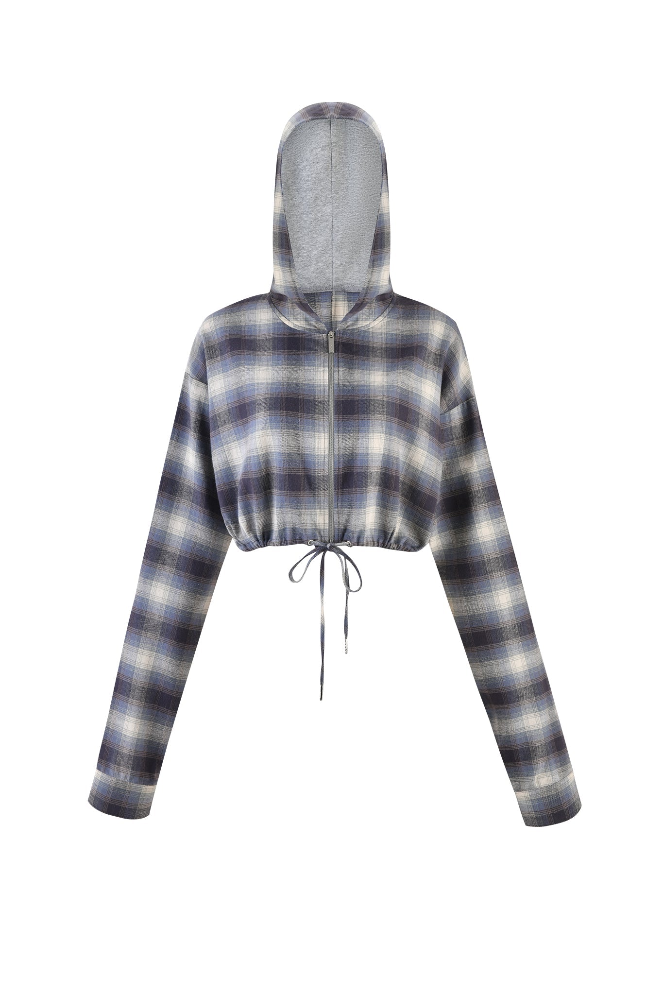 A front-facing image of the TIFF JACKET - BLUE from I.AM.GIA shows a cropped hoodie with a hood and long sleeves. The jacket features a blue and white plaid pattern, has a drawstring at the waist, and includes a zipper down the center. The fabric appears soft and cozy.