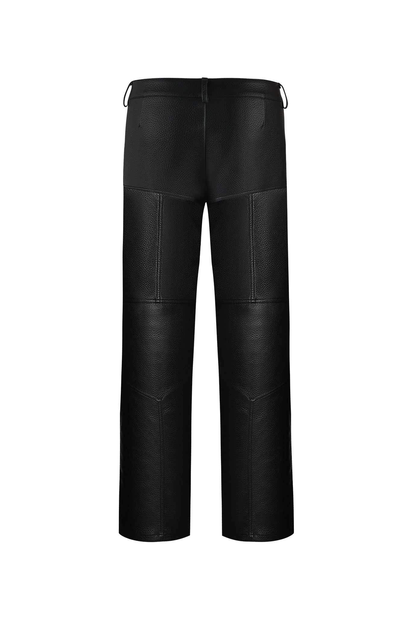 A view of the KRISTIE PANT - BLACK from the back shows off its sleek design. These I.AM.GIA pants feature a smooth texture on the upper part and a grainy, textured pattern on the legs. The pants also have belt loops at the waist and seams running down the legs for added detail.