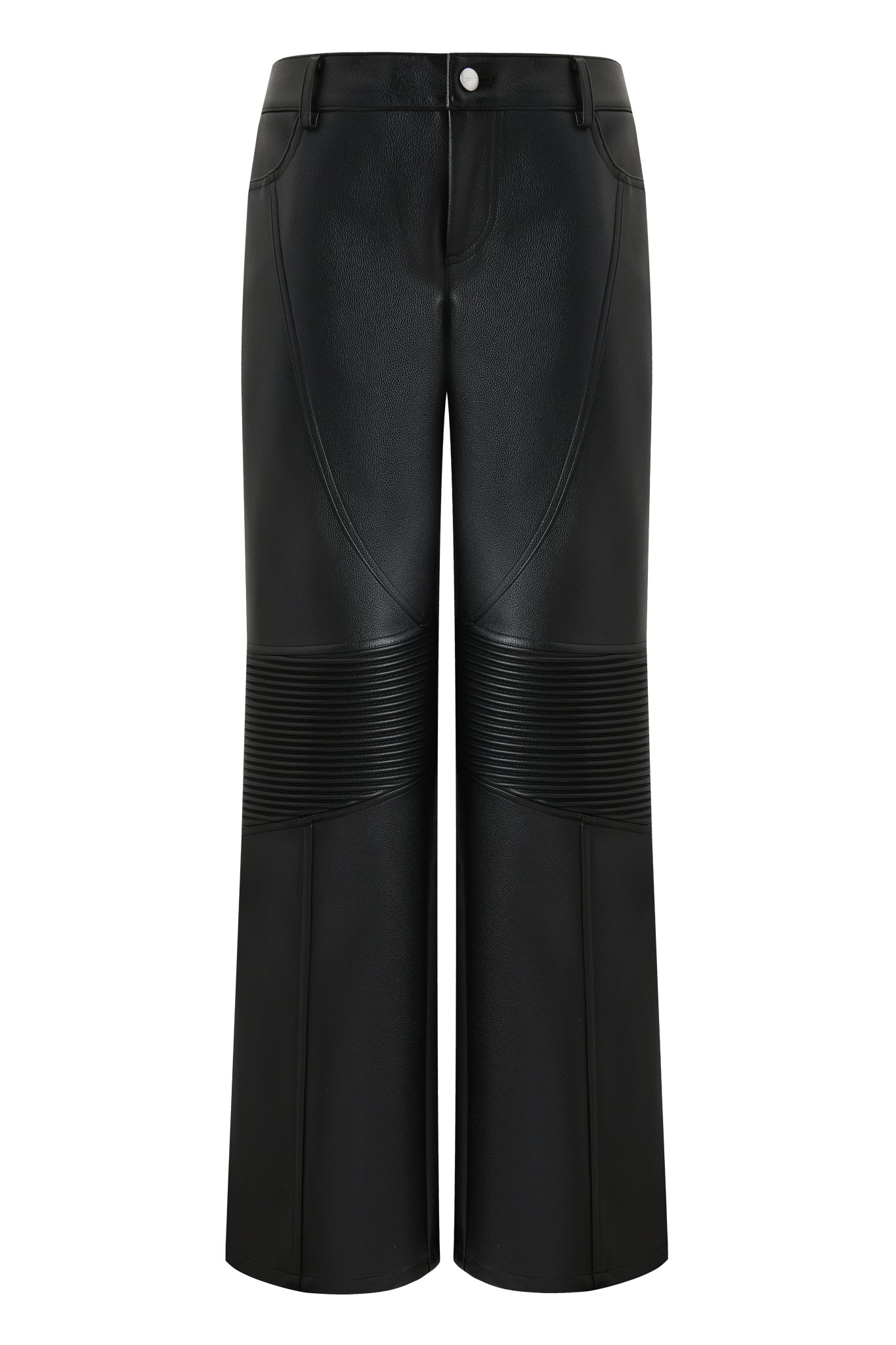The KRISTIE PANT - BLACK by I.AM.GIA features faux leather, a low-rise waist, wide-leg fit, curved seams, ribbed knee panels, front pockets, belt loops, and a button closure.