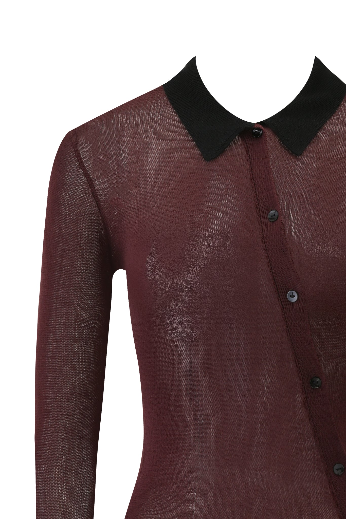 The DAVINA TOP - BROWN by I.AM.GIA is a sheer knit, long sleeve button-up shirt featuring brown fabric, black buttons, and a contrasting black collar, shown on a mannequin against a white background.