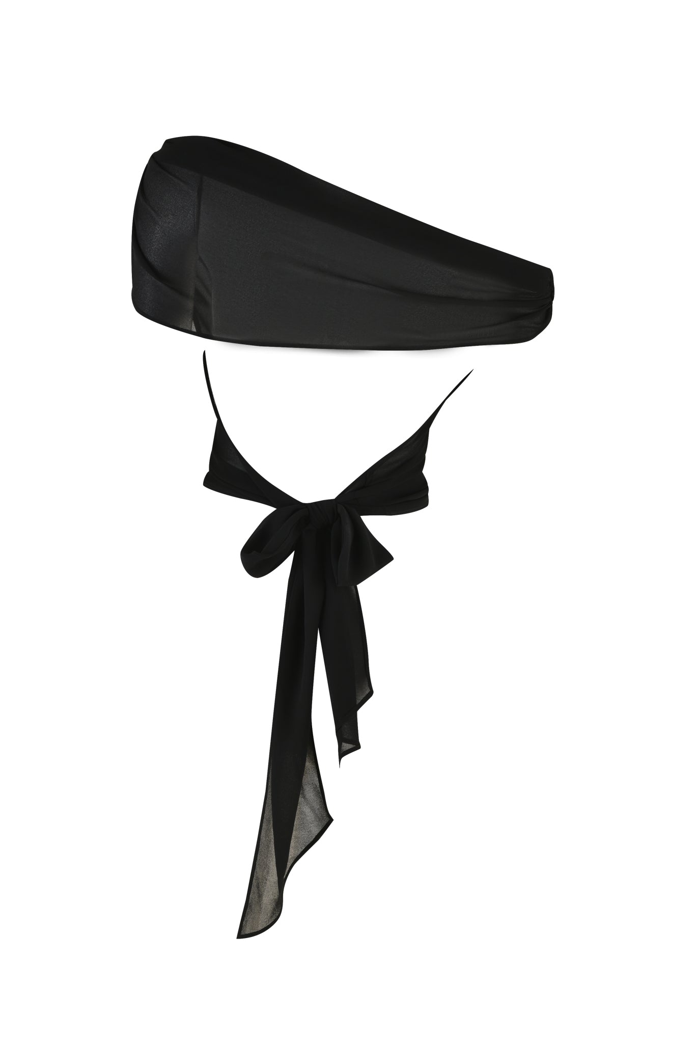 The KAHLO TOP - BLACK by I.AM.GIA is a stylish, strapless bikini top with a bandeau design. Crafted from georgette fabric, it features a long, sheer tie at the front that forms a flowing bow. Its relaxed fit offers a minimalist yet elegant look, making it perfect for beachwear or poolside lounging.