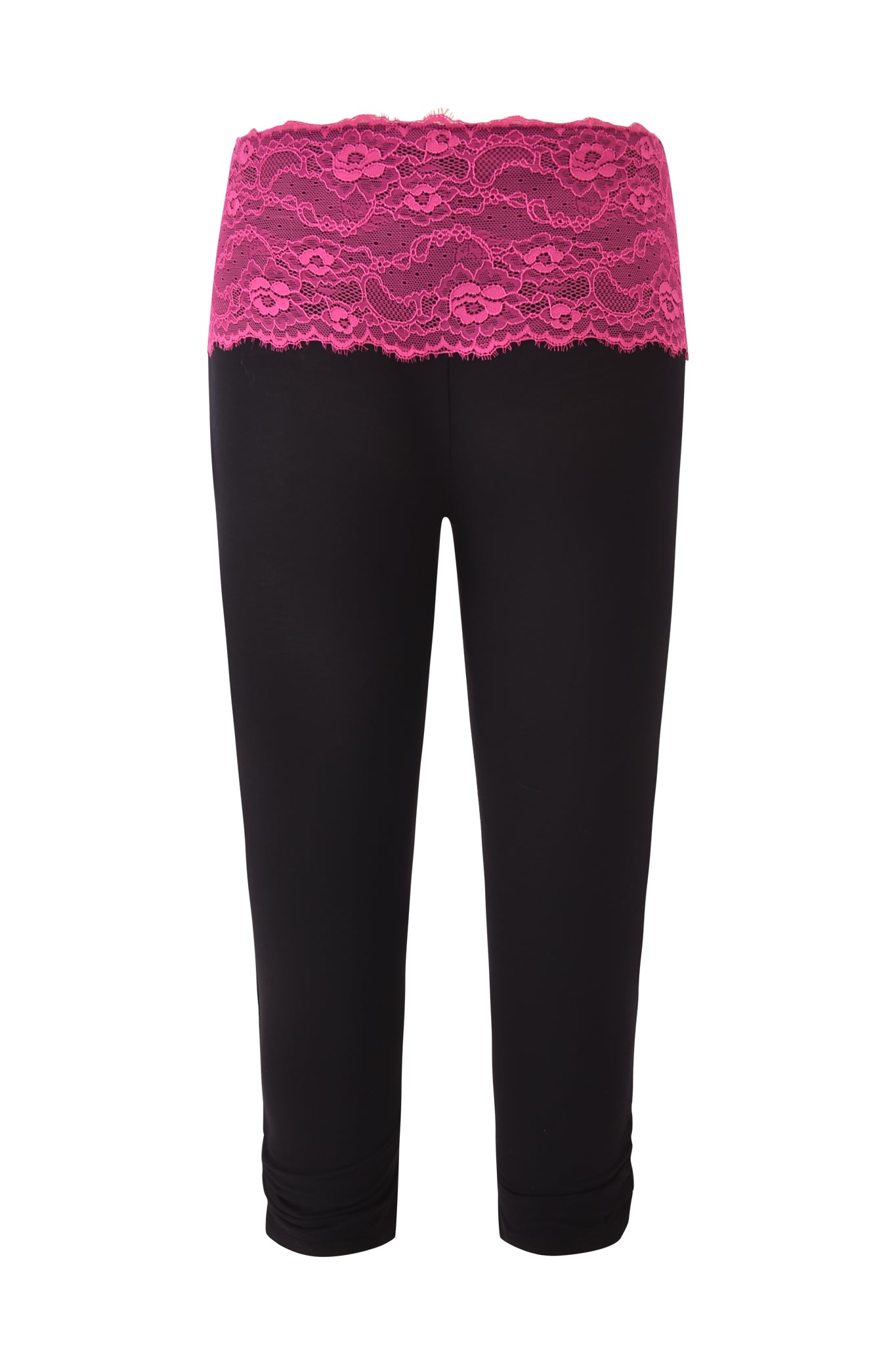 The I.AM.GIA ADELLA CAPRI - FUCHSIA features black, bodycon bamboo capri leggings with a decorative fuchsia lace waistband, shown on a white background for a bold, feminine touch.