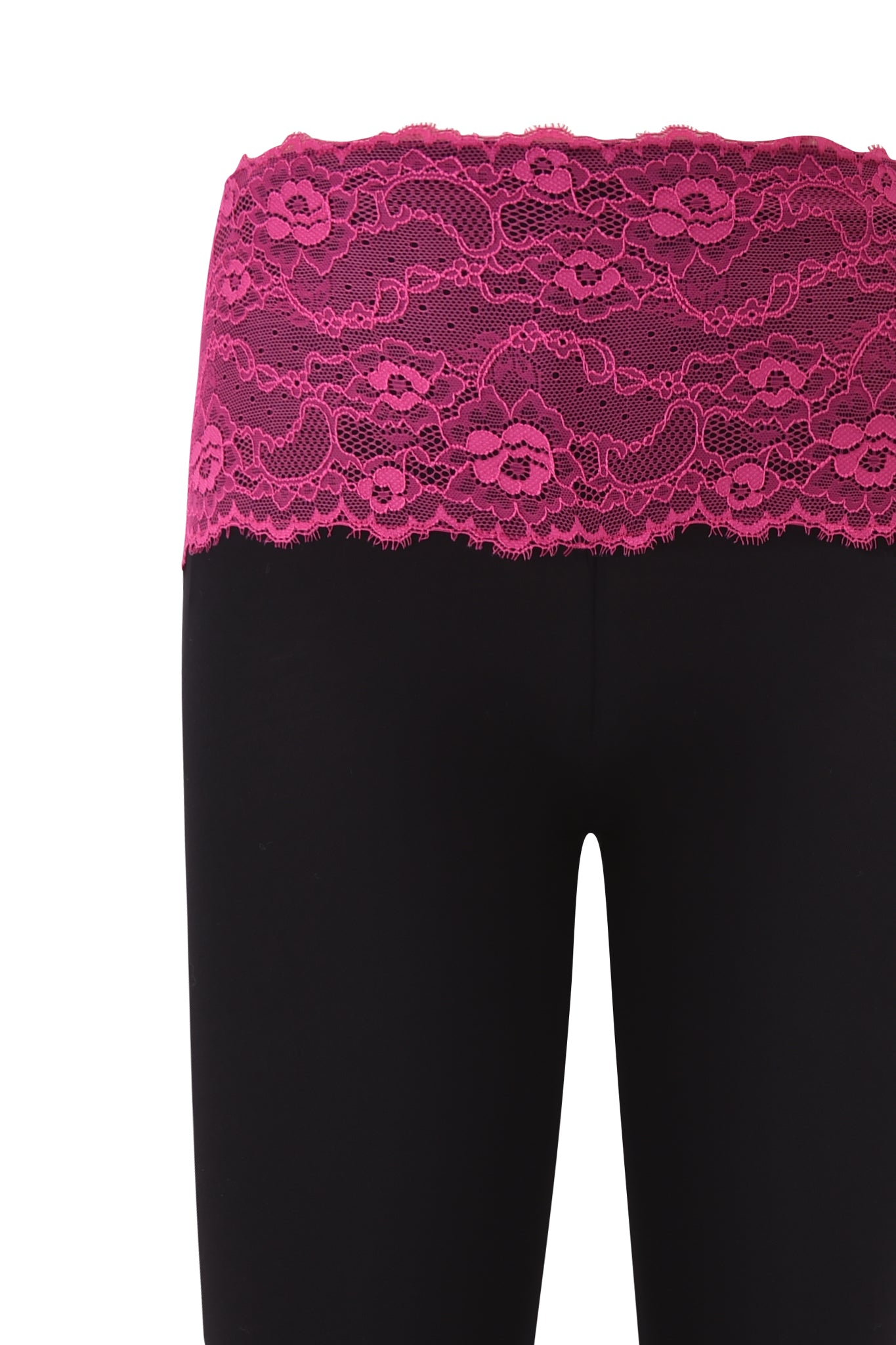The ADELLA CAPRI - FUCHSIA by I.AM.GIA features black leggings with a wide, decorative fuchsia lace waistband. The image highlights the sleek, bodycon fit and details of the lace at the waist, focusing on the lower torso and upper legs.