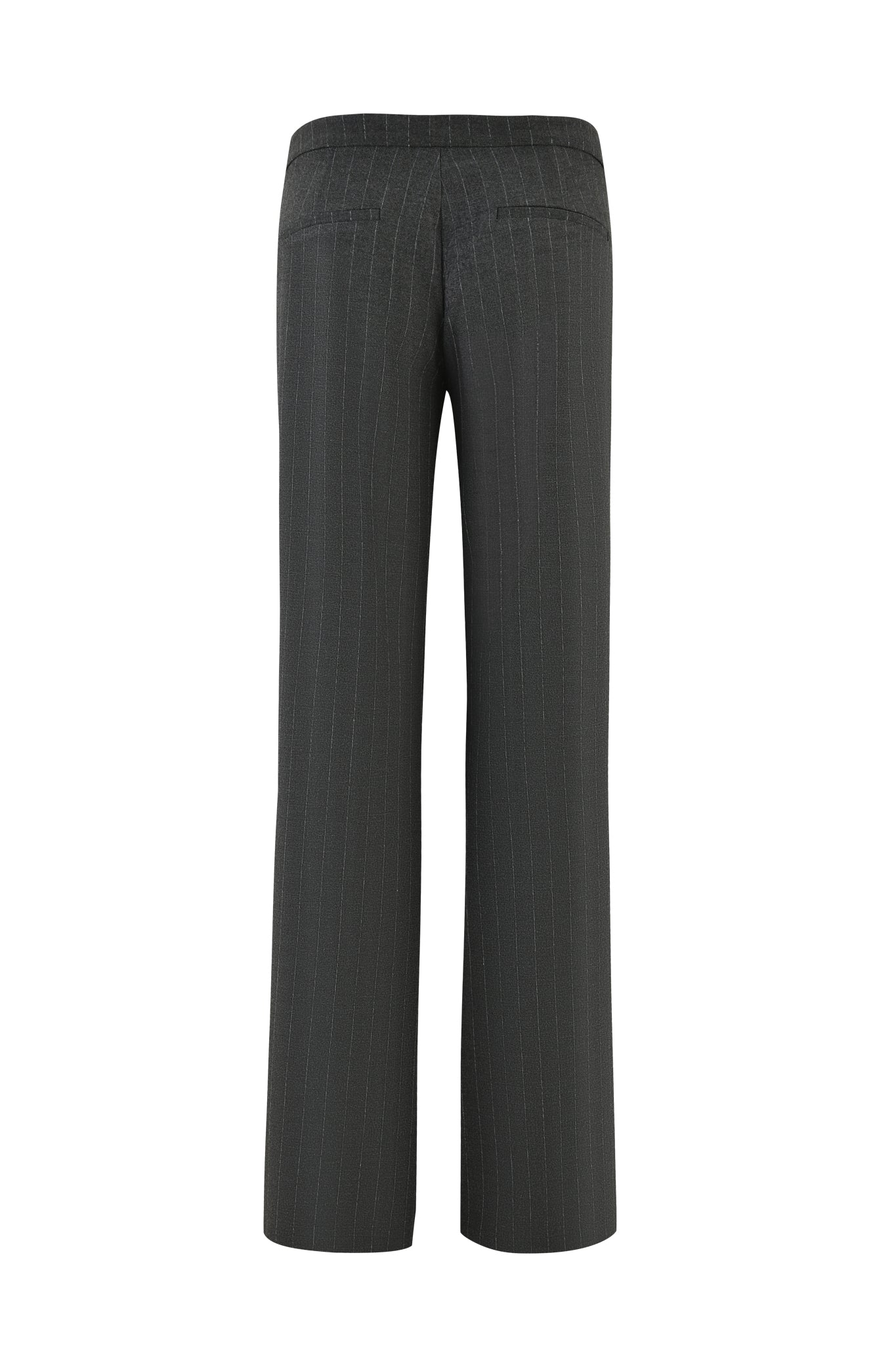 The MARRION PANT - GREY : PINSTRIPE by I.AM.GIA is displayed from the back, showcasing its tailored fit with a straight leg and subtle vertical lines. It features a smooth waistband and two back pockets, designed with a low-rise waist for modern sophistication.