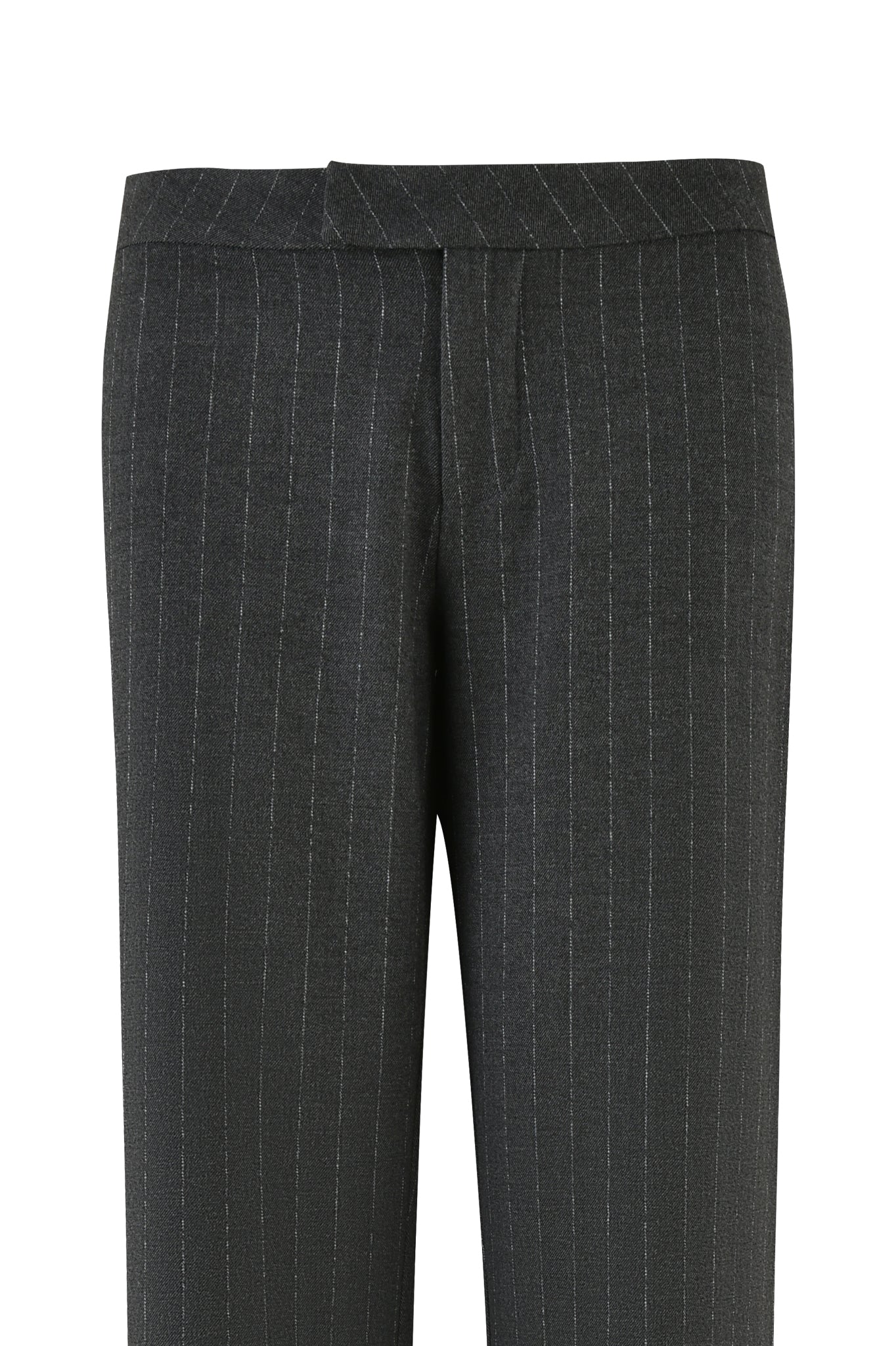 The MARRION PANT - GREY : PINSTRIPE by I.AM.GIA is displayed from the back, showcasing its tailored fit with a straight leg and subtle vertical lines. It features a smooth waistband and two back pockets, designed with a low-rise waist for modern sophistication.