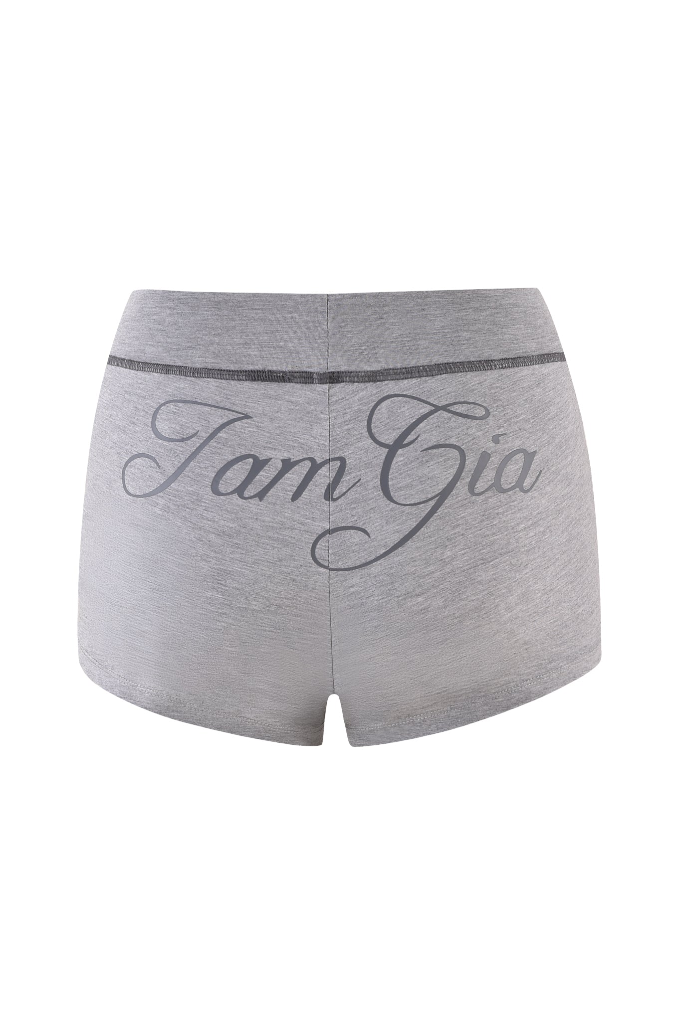 The BLARE JERSEY SHORT in heather grey by I.AM.GIA are high-waisted, mini shorts with a dark waistband, bodycon fit, and "I am Gia" in large cursive on the back.