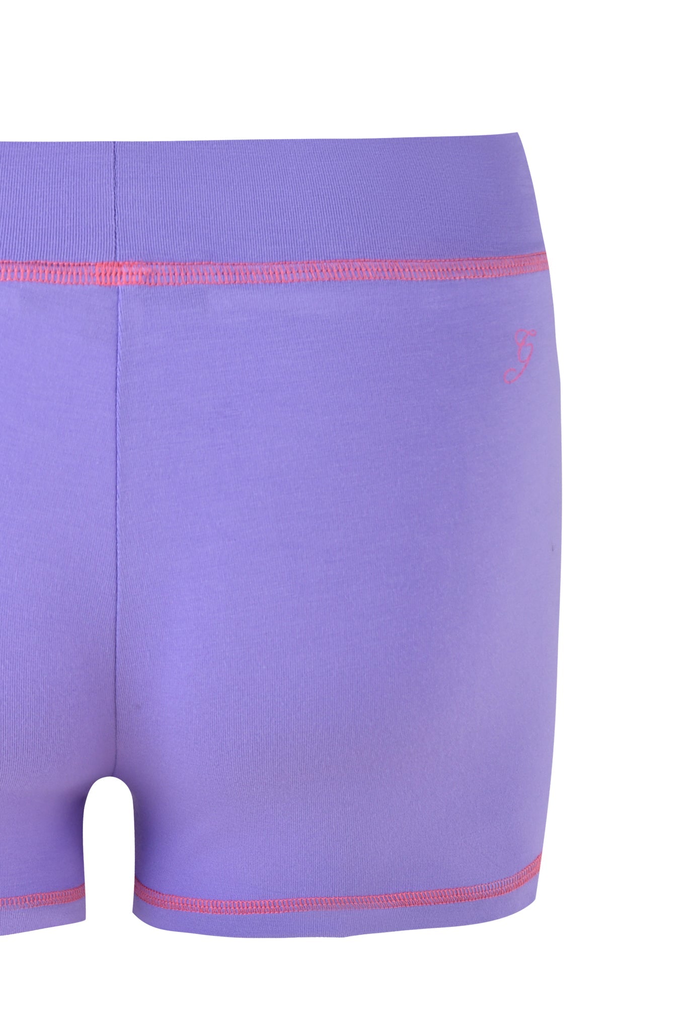 The BLARE SHORT - PURPLE by I.AM.GIA features vibrant purple athletic shorts with red stitching at the waistband and leg openings. Made from smooth, stretchy bamboo jersey, these mid-rise shorts are perfect for exercise or casual wear.