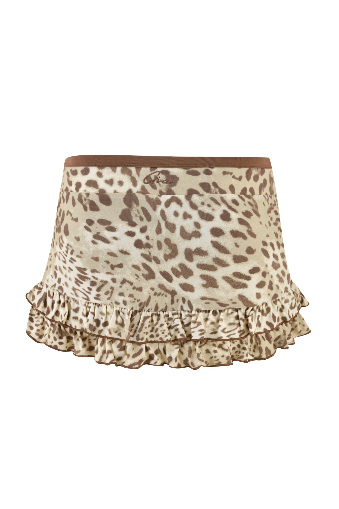 The MICHELLE SKORT - NEUTRAL : LEOPARD LIMBO from I.AM.GIA features a micro mini design with a leopard print pattern and a ruffled hem, highlighting its bodycon silhouette in beige and brown shades.